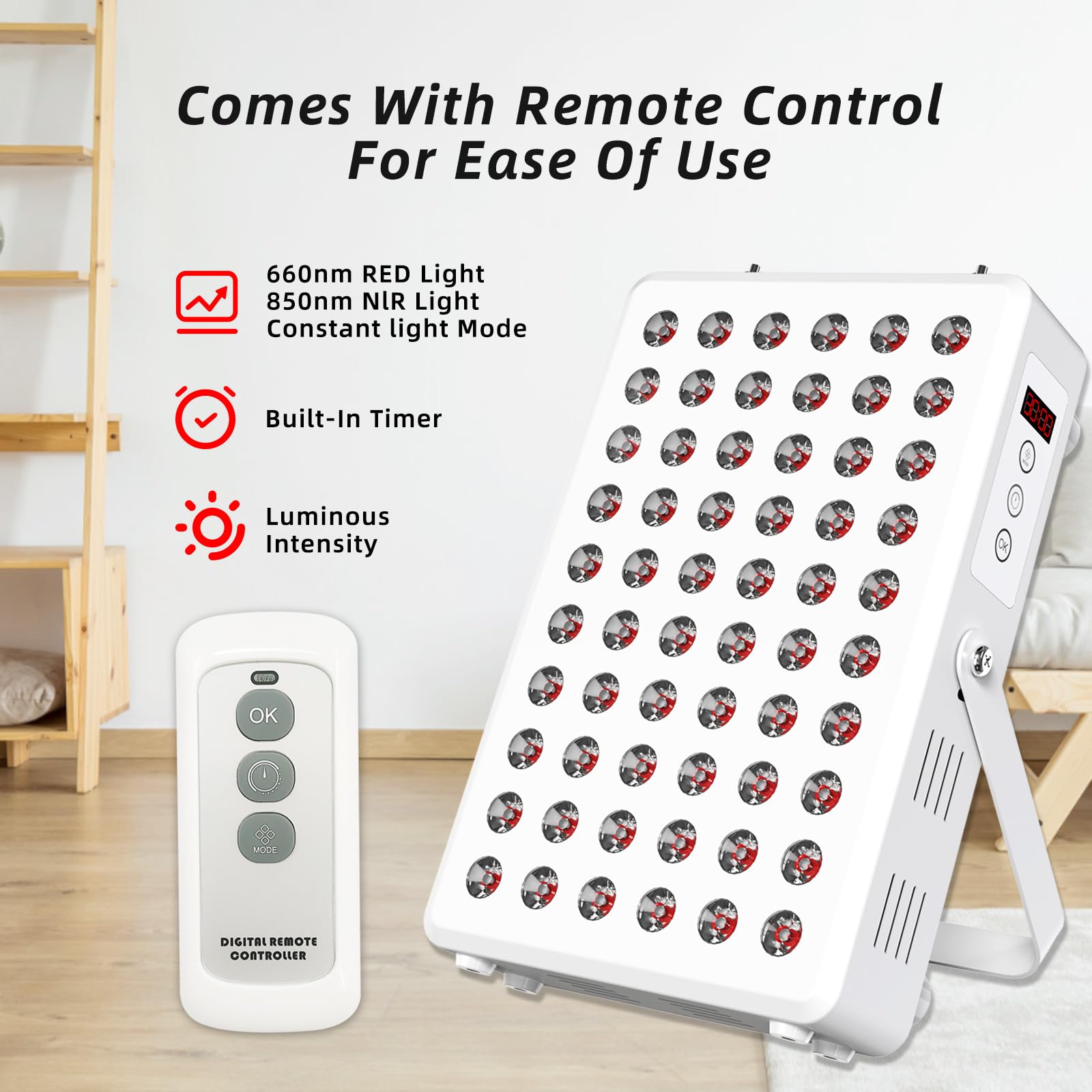Red Light Panel for Body and Face, 660nm Red 850nm and Near Infrared, Remotcontrol 60 LEDs Red Light Therapy Panel, Used to Promote Sleep, Improve The Body, Relieve Muscle Fatigue (E-300-Wtite)