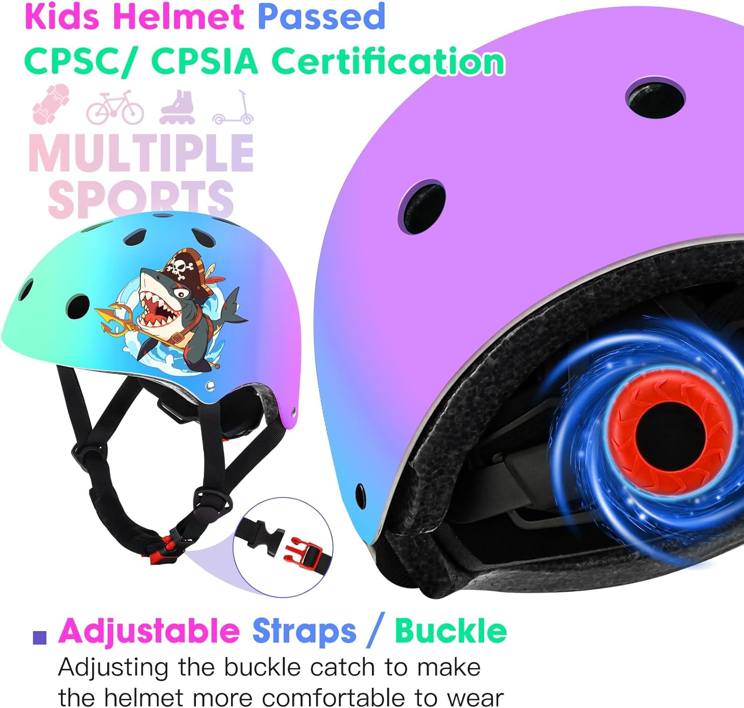 Toddler Kids Bike Helmet Set for Boys Girls Color Gradient Adjustable Skateboard Helmet Protective Gear Set Knee Elbow Wrist Pads for Bike, Roller, Scooter, Cycling, Balance and More Sports