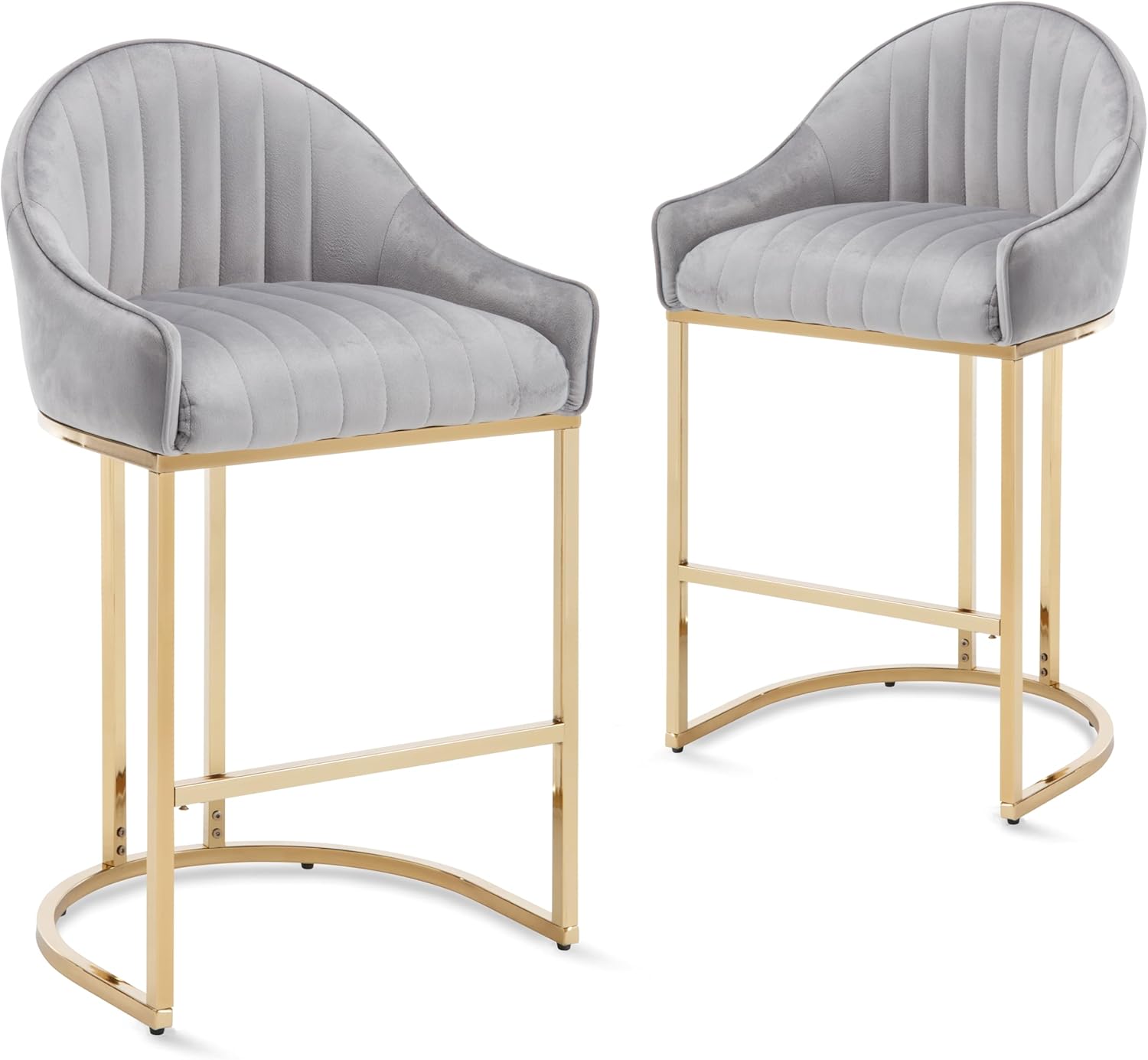 Counter Height Bar Stools Set of 2, 27.5" H Modern Barrel Counter Stools with Shell Back and Chrome Metal Base (Grey + Golden Base, Set of 2)