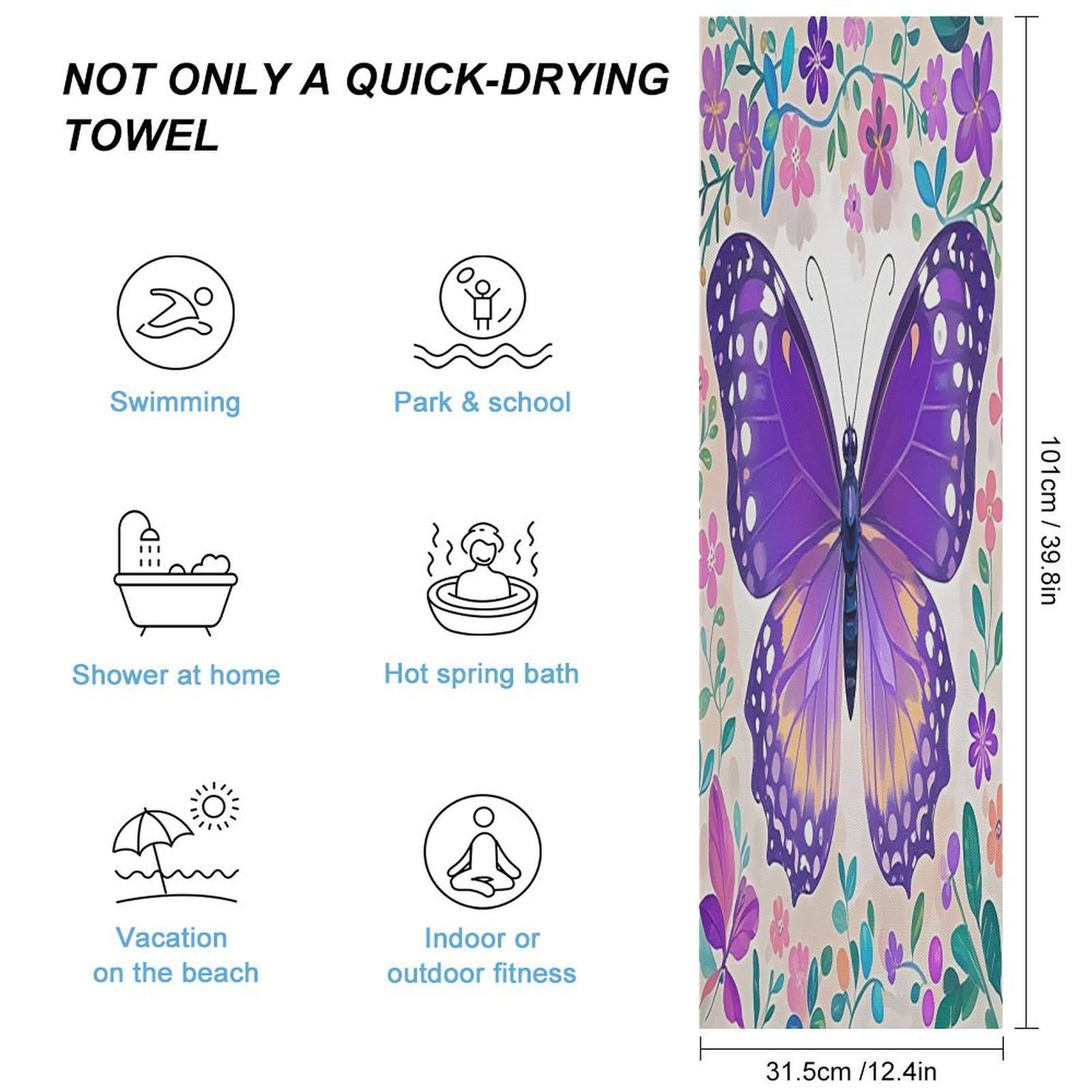AQRJLPM Cute Purple Butterfly Quick Dry Towel Cold Fabric Workout Sweat Towels Highly Absorbing Odor-Free Travel Towel for Hot Yoga Tennis Running Exercise Working Out Camping