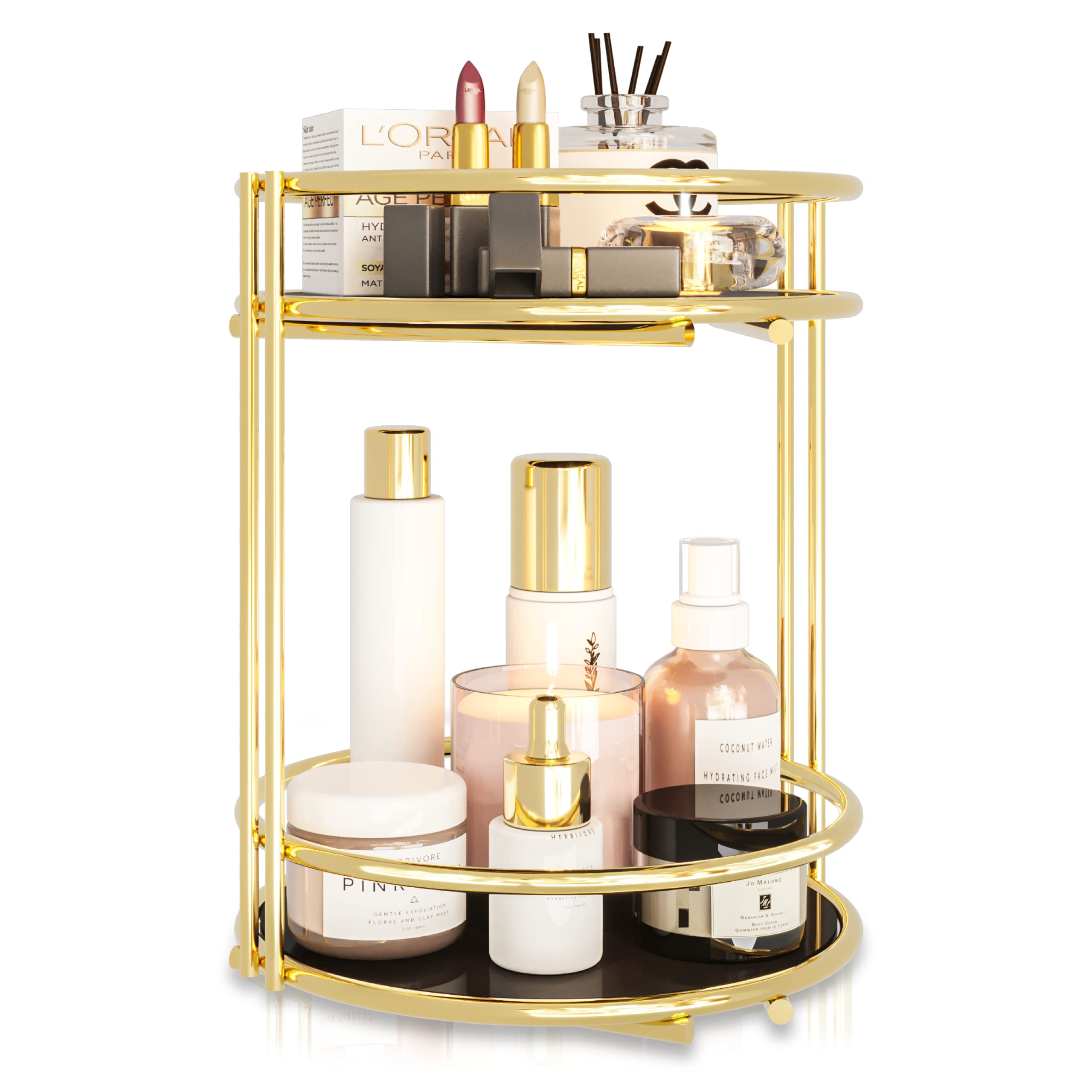 BENOLDY, 2 Tier Gold Metal Countertop Organizer - Multipurpose Storage Stand for Bathroom, Vanity Makeup Tray and Kitchen Spice Rack