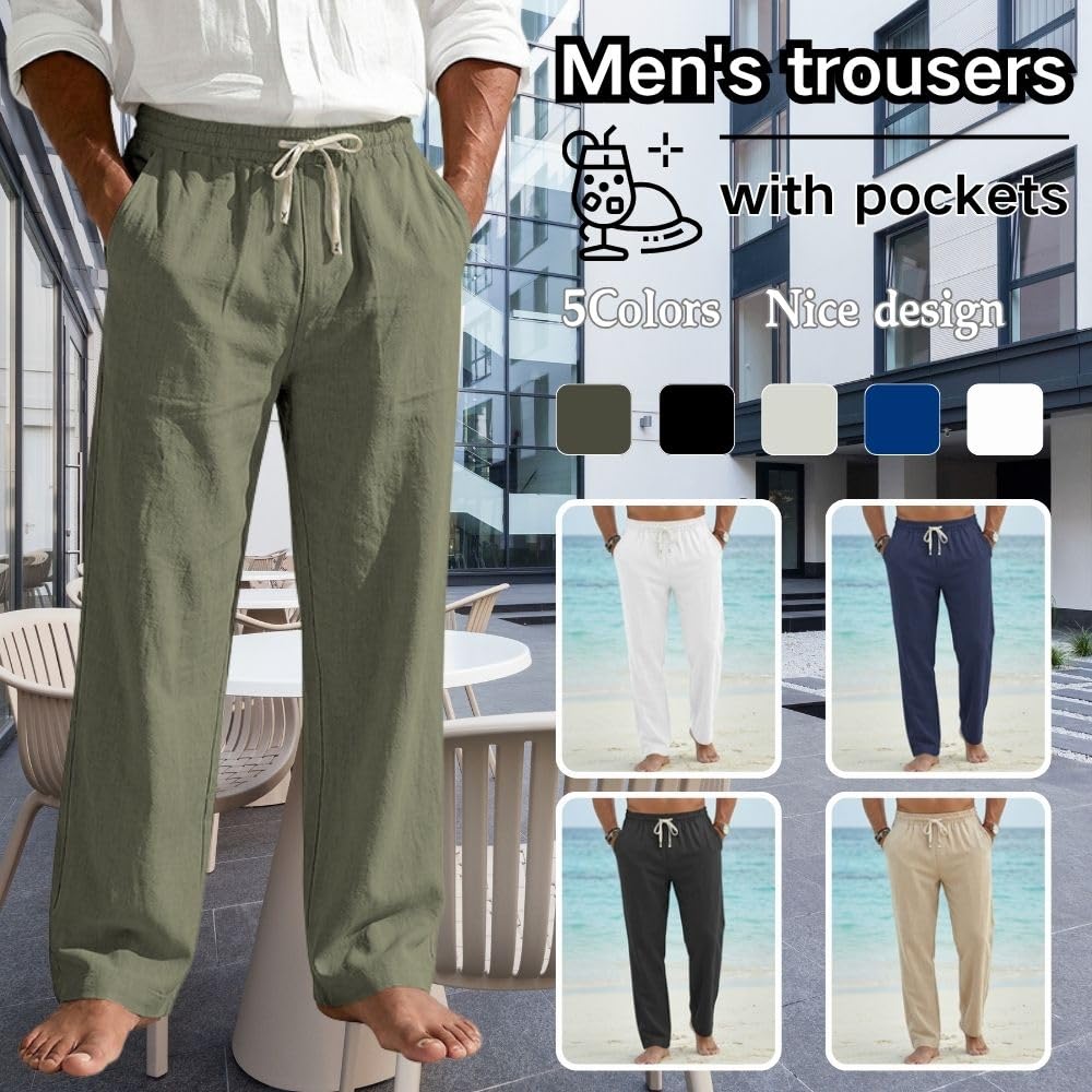 Pantaloni estivi da uomo in lino, con coulisse, leggeri, vestibilità larga, da spiaggia, casual, in cotone