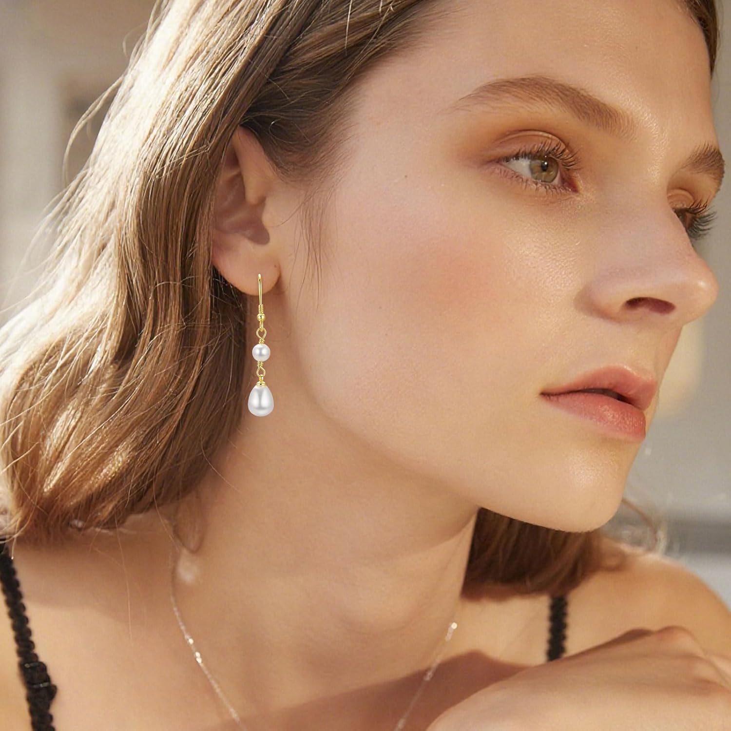 925 Sterling Silver Pearl Earrings,14K Gold Plated Dainty Pearl Drop Simple Wedding CZ Dangle Dangling Cute Stud Earrings for Brides Earrings for Women Gifts Wedding Pearls Earring Formal Jewelry - Image 3