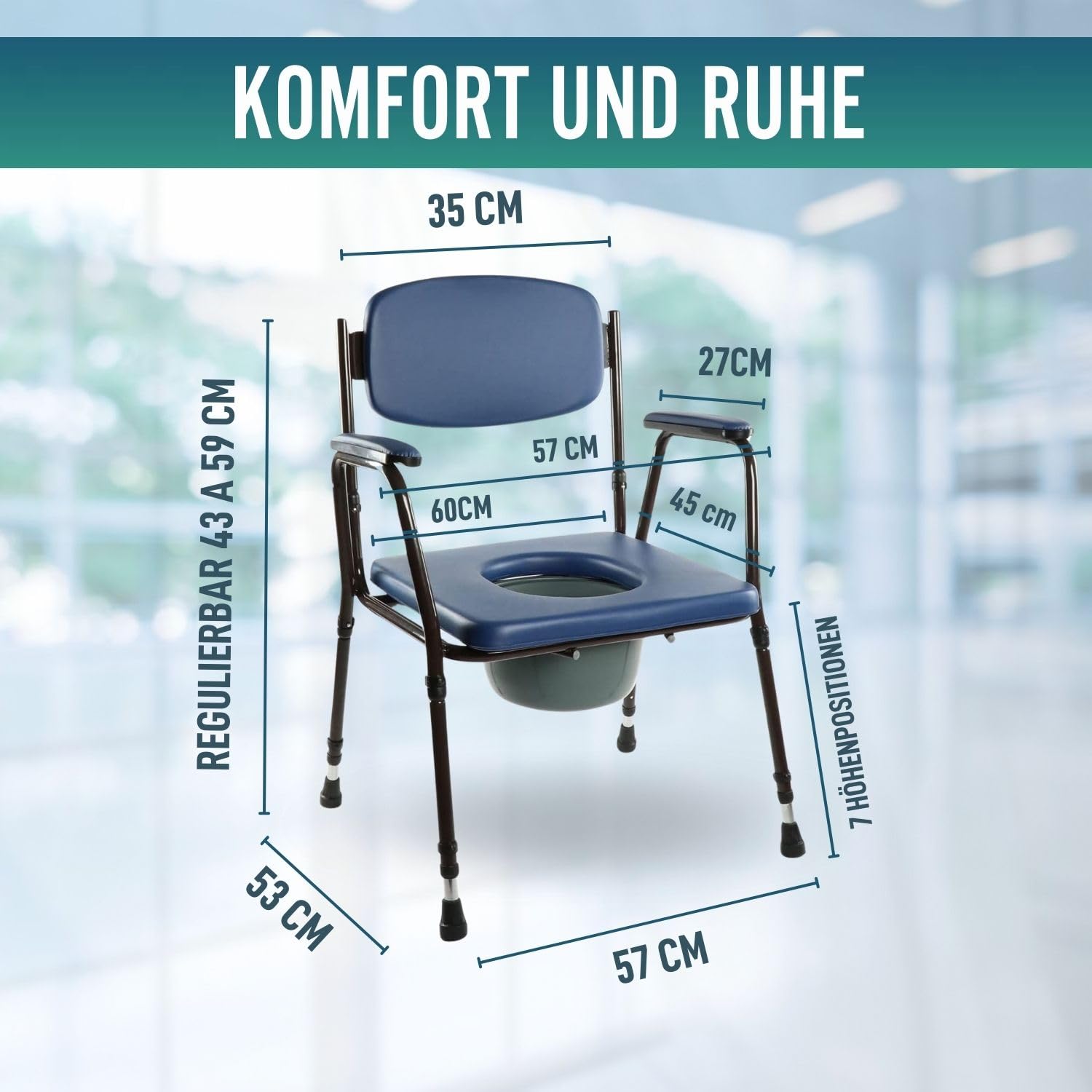 OrtoPrime WC-Stuhl, gepolstert, tragbar, verstellbar, tragbar, mit Bidet zum Anklippen, Badezimmerstuhl für ältere Menschen, Geriatrischer Badezimmerstuhl, komfortabel und strapazierfähig