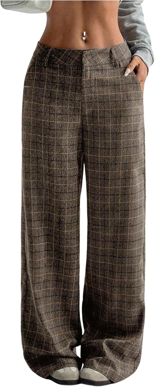 GORGLITTER Women's Dressy Plaid Low Rise Trousers Dress Pants Casual Flannel Baggy Wide Leg Checkered Pant with Pockets