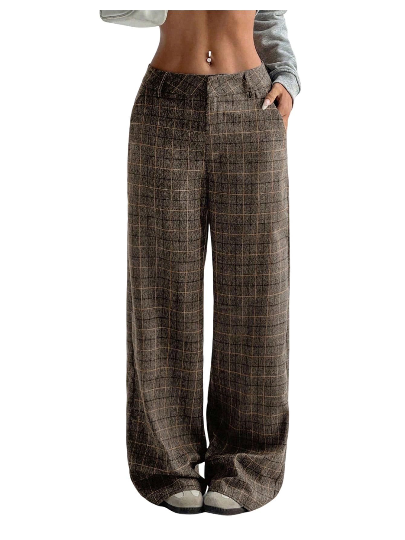 GORGLITTER Womens Dressy Plaid Low Rise Trousers Dress Pants Casual Flannel Baggy Wide Leg Checkered Pant with Pockets