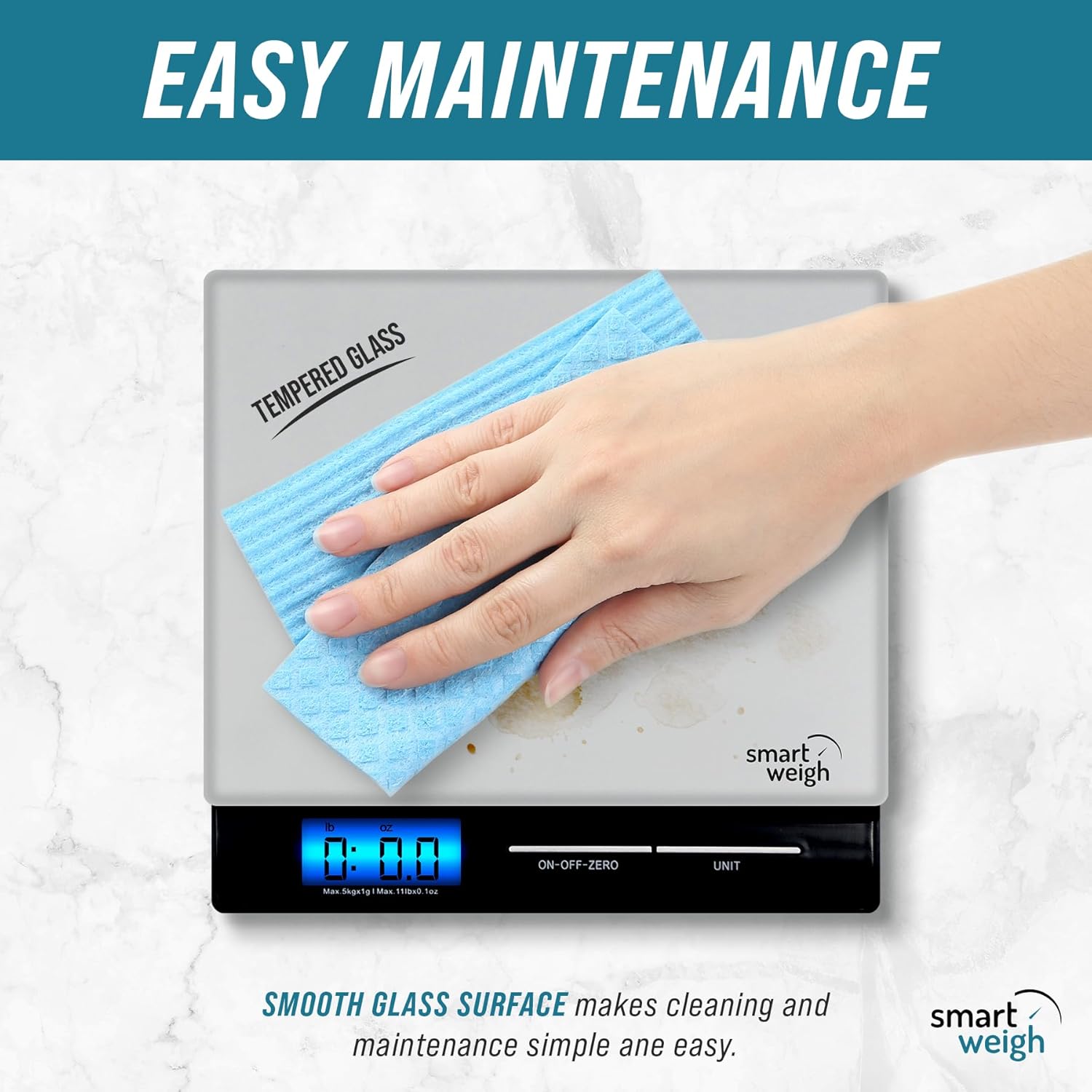 Hand wiping the tempered glass platform of the Smart Weigh PL11B scale