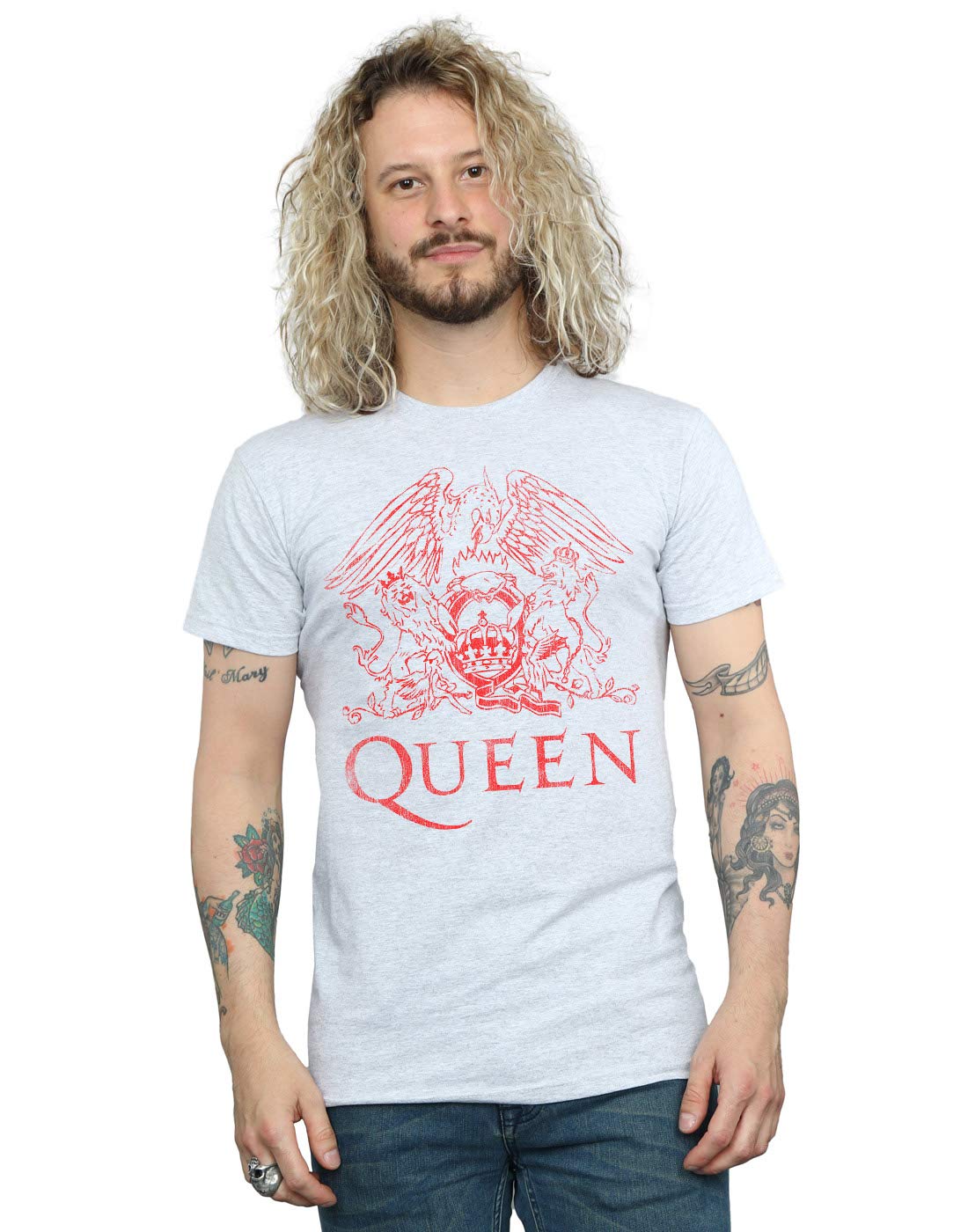 Absolute Cult Men's Sport Grey Queen Distressed Crest T-Shirt X-Large