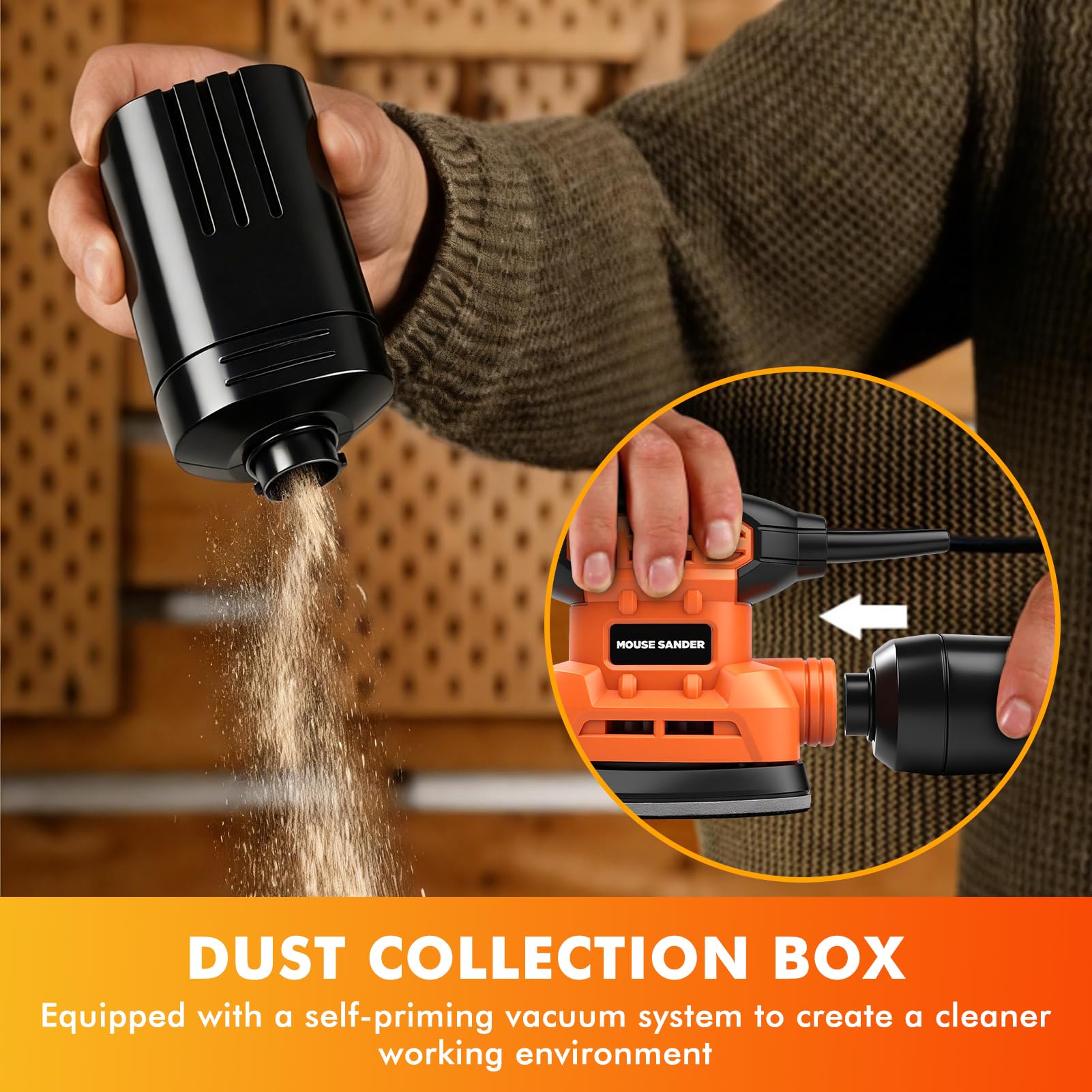 Ponceuse de Détail Triangulaire Électrique, Ponceuse Souris 150W Ponceuse À Main Avec Collecteur de Poussière, 14 Feuilles de Papier Abrasif de Grain 60 À 400, pour Le Polissage Du Bois