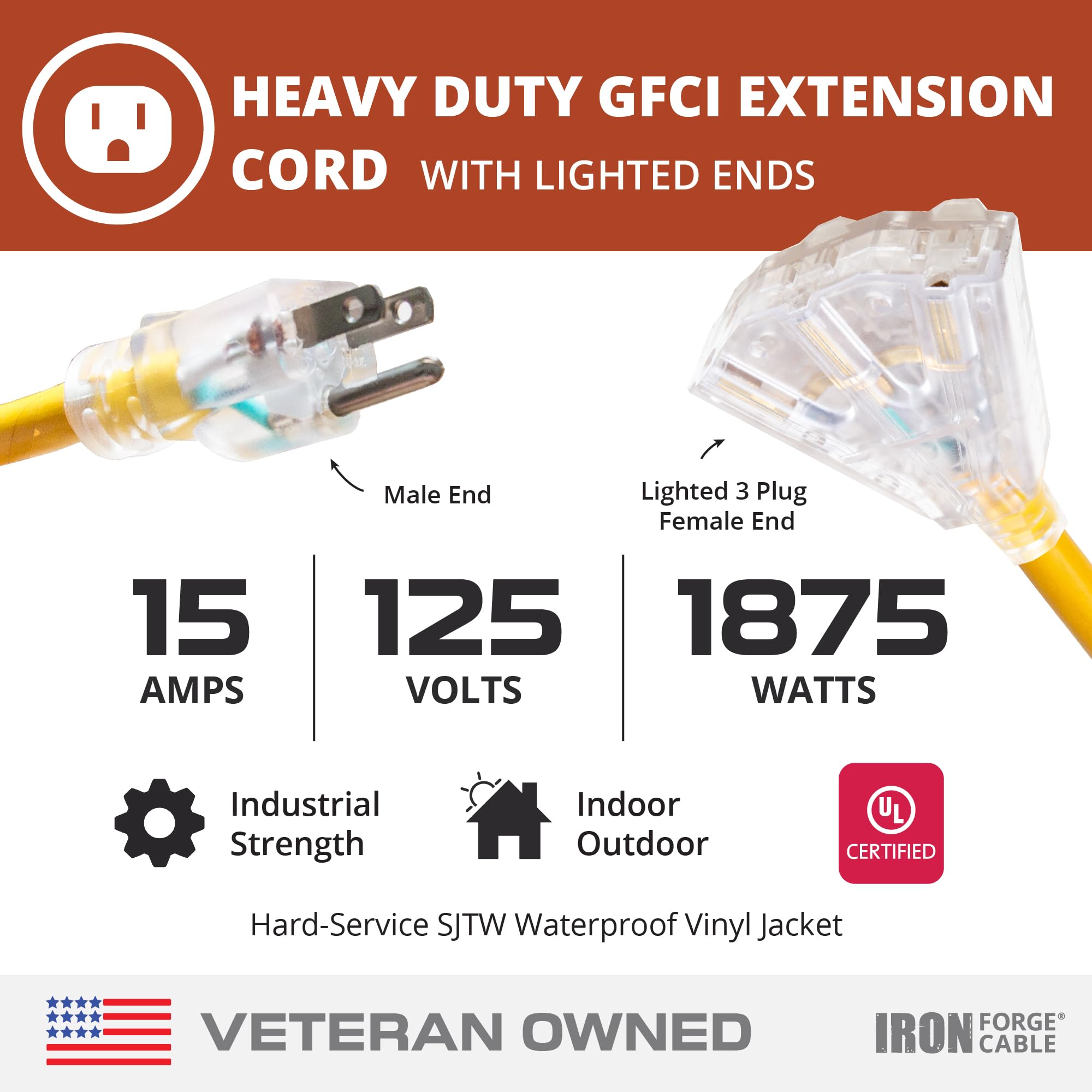 Cable de extensión para exteriores de 50 pies con 3 salidas eléctricas – 12/3 SJTW Cable de extensión amarillo resistente con 3 conectores de punta para seguridad, 15 Amp