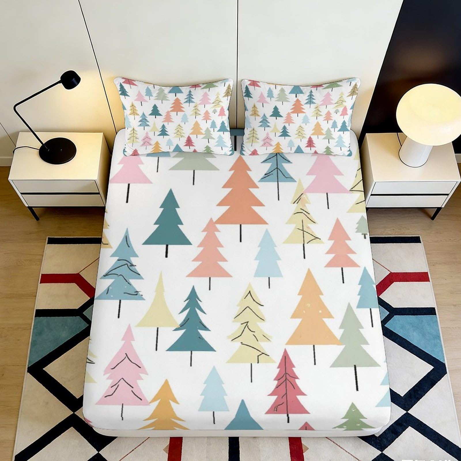 Uynsixtme Style-10 3D Printed Forest Trees Fitted Sheet Microfiber Deep Pocket Full Wrap Bedroom Bedding Forest Pattern Mattress Fitted Cover Non-Slip Washable 140X200x25cm