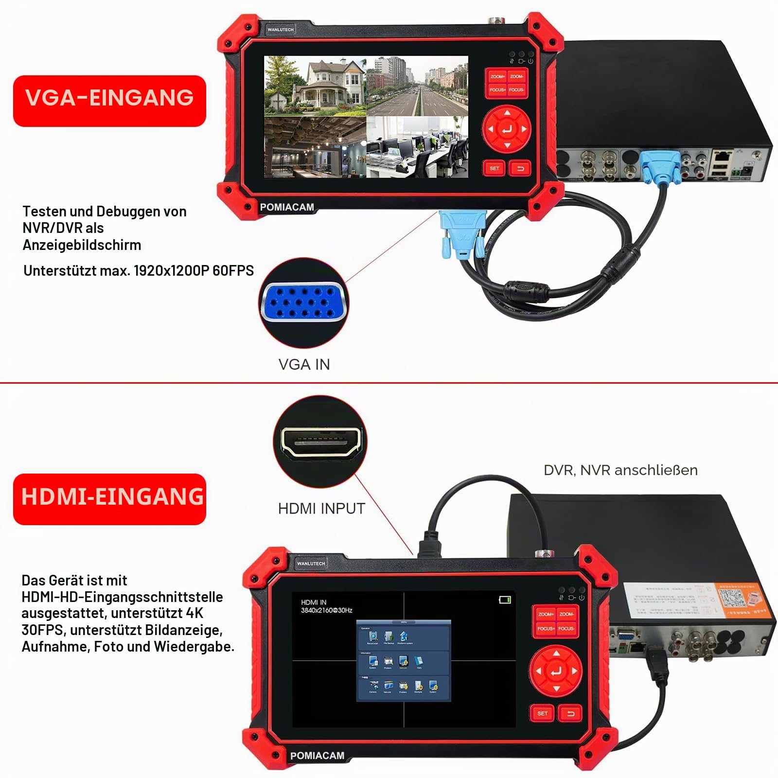 CCTV-Kameratester, HD-2950, 8 MP TVI CVI AHD CVBS Analog-Kameratester, 12,7 cm (5 Zoll), TFT-LCD-Bildschirm, UTP-Kabeltest, HDMI- und VGA-Eingang, RS485 PTZ-Steuerung, Audio-Test, 12 V