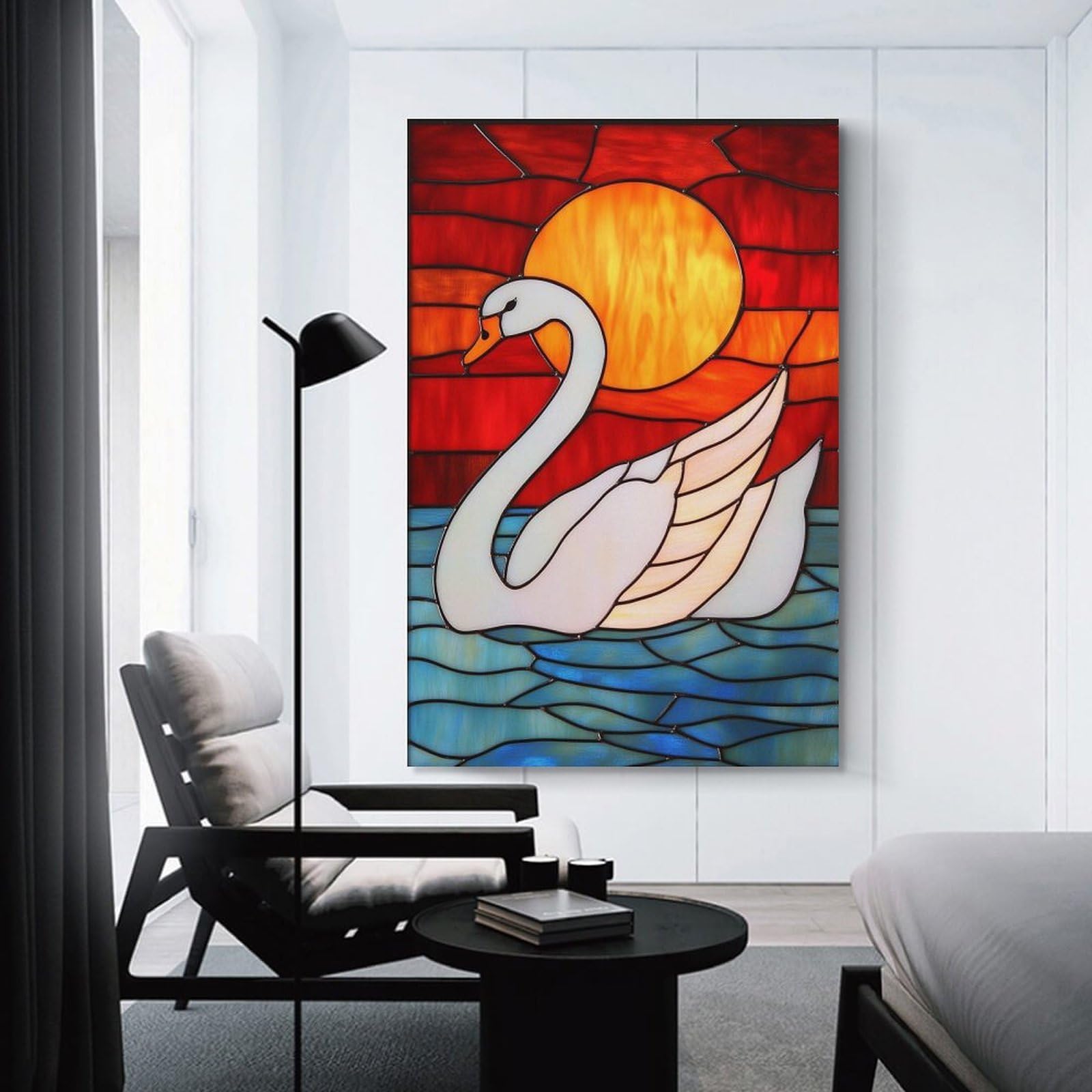 Canvas Wall Art Stained Glass Swan Panel, 24x36inch(60x90cm), for Living Room, Bedroom, Office Or Hallway, Decorative Artwork with Broad Appeal