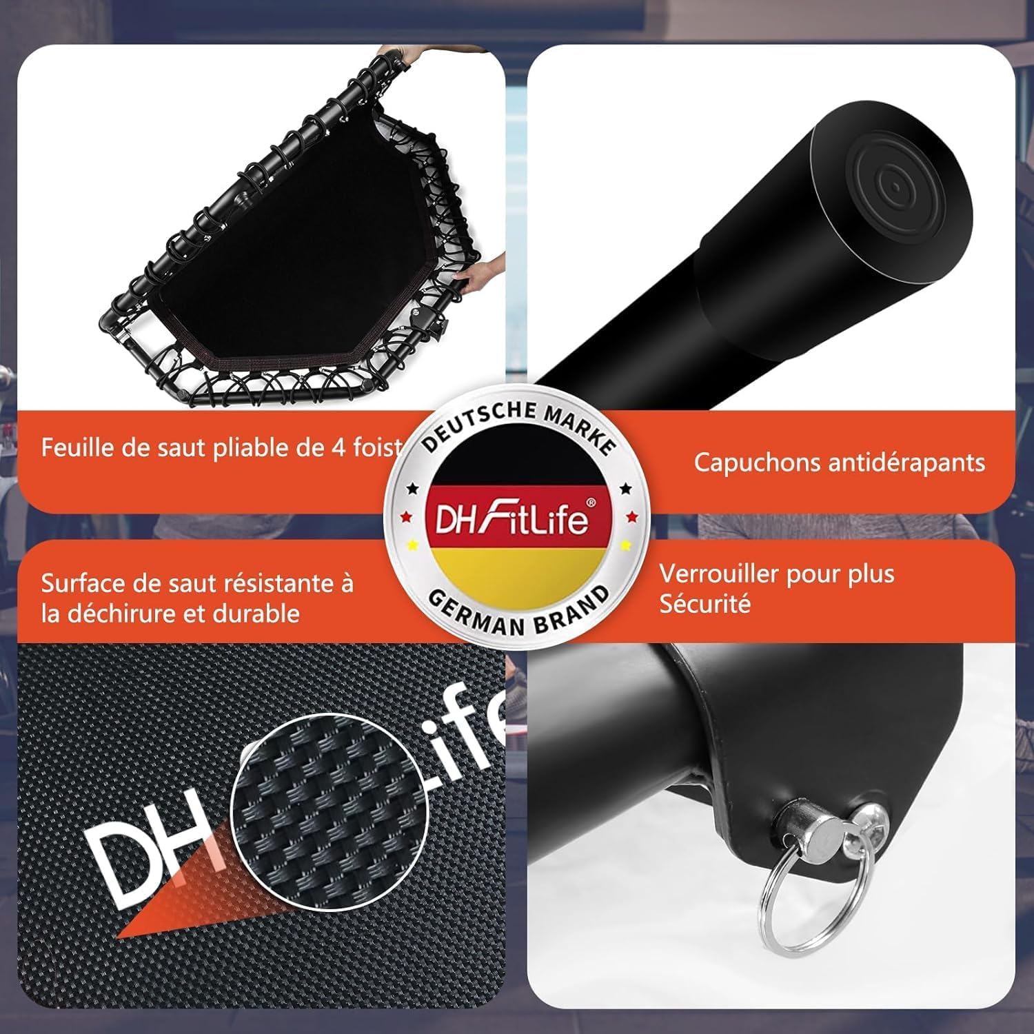 DH FitLife Trampoline de fitness pliable silencieux avec corde en caoutchouc sans installation | 50 pouces 128 cm Trampoline pour l'intérieur et l'extérieur Jumping | avec 3 niveaux de poignée