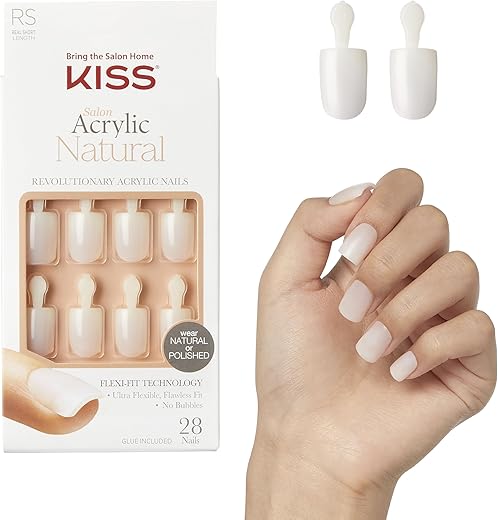 KISS Salon Acrylic Natural Press On Nails, Nail glue included, 'Rare', Nude, Short Size, Squoval Shape, Includes 28 Nails, 2g Glue, 1 Manicure Stick, 1 Mini File