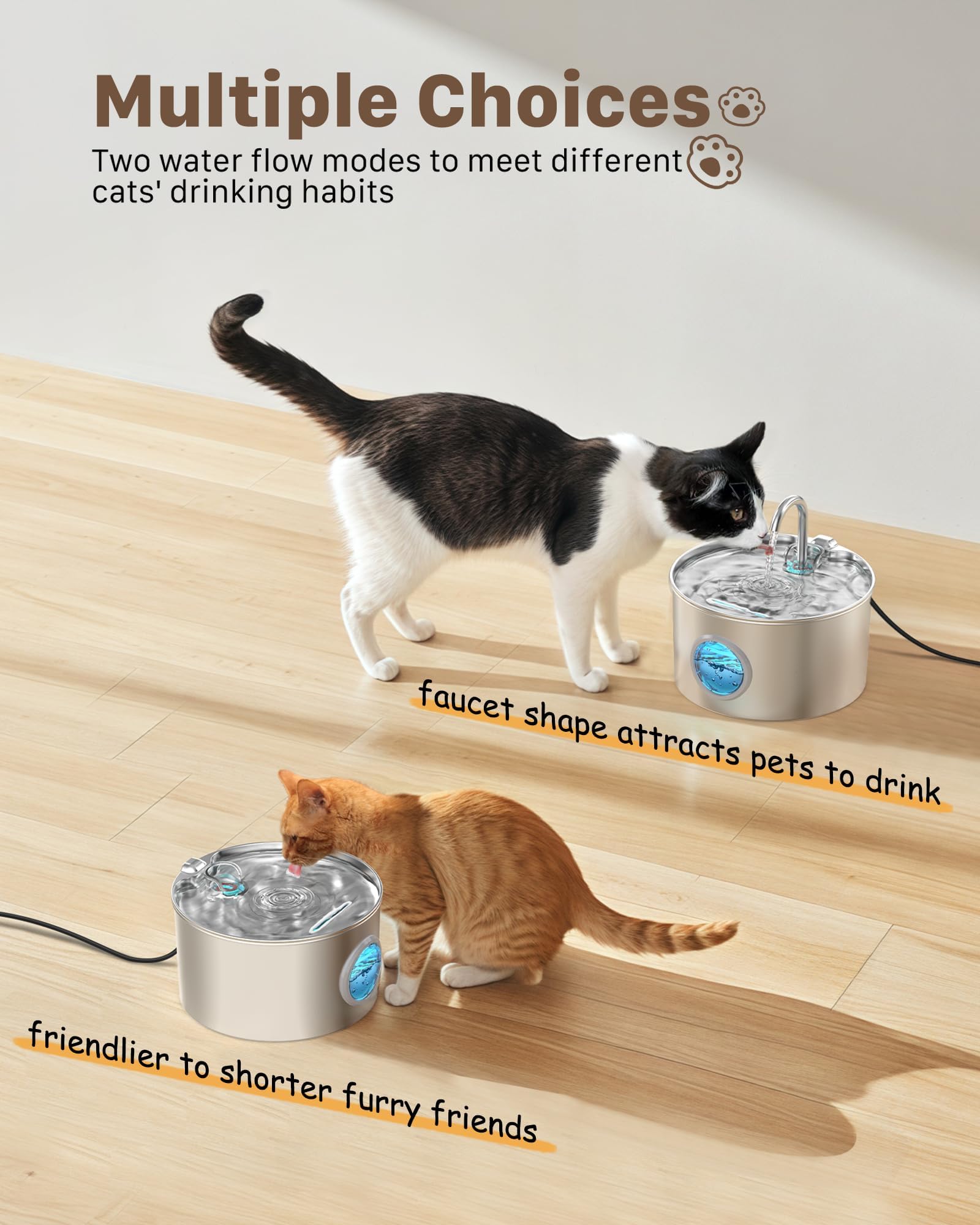 Fontanella per Gatti Acciaio: Fontana per Gatti Automatico - 2.2L Fontanella Gatto - Dispenser Acqua Gattis con 1 Filtri + 1 Spugne - Dispenser Acqua Gatto - Distributore Cani con Finestra Panoramica