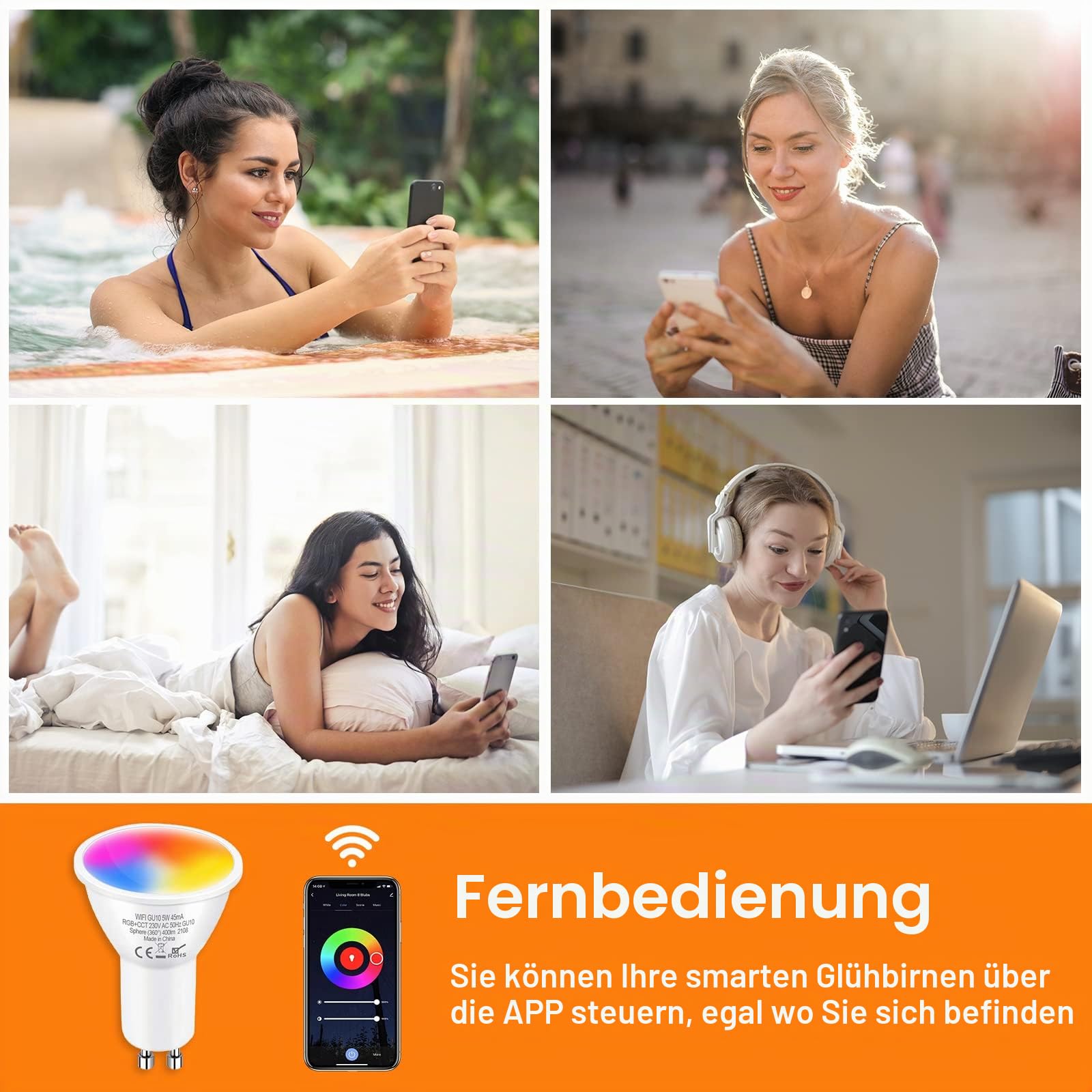 ANTELA Smart Alexa Glühbirne GU10 5W LED WLAN RGBCW Birne Lampe | 2700K-6500K Farbtemperatur, APP-Steuerung, Google Home kompatibel, 4 Stück