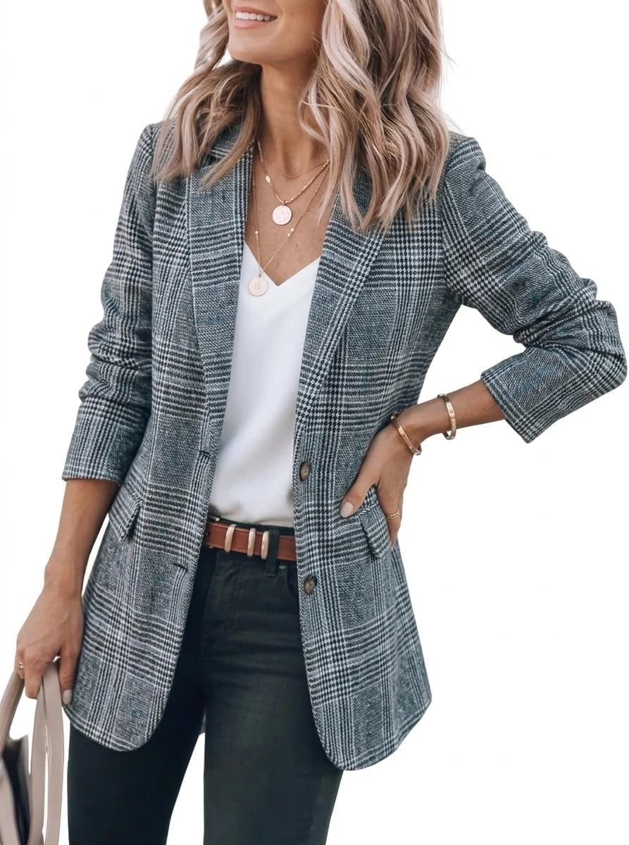 IDEALSANXUN Womens Tweed Blazer Casual Plaid Houndstooth Blazer Work Suit Jackets