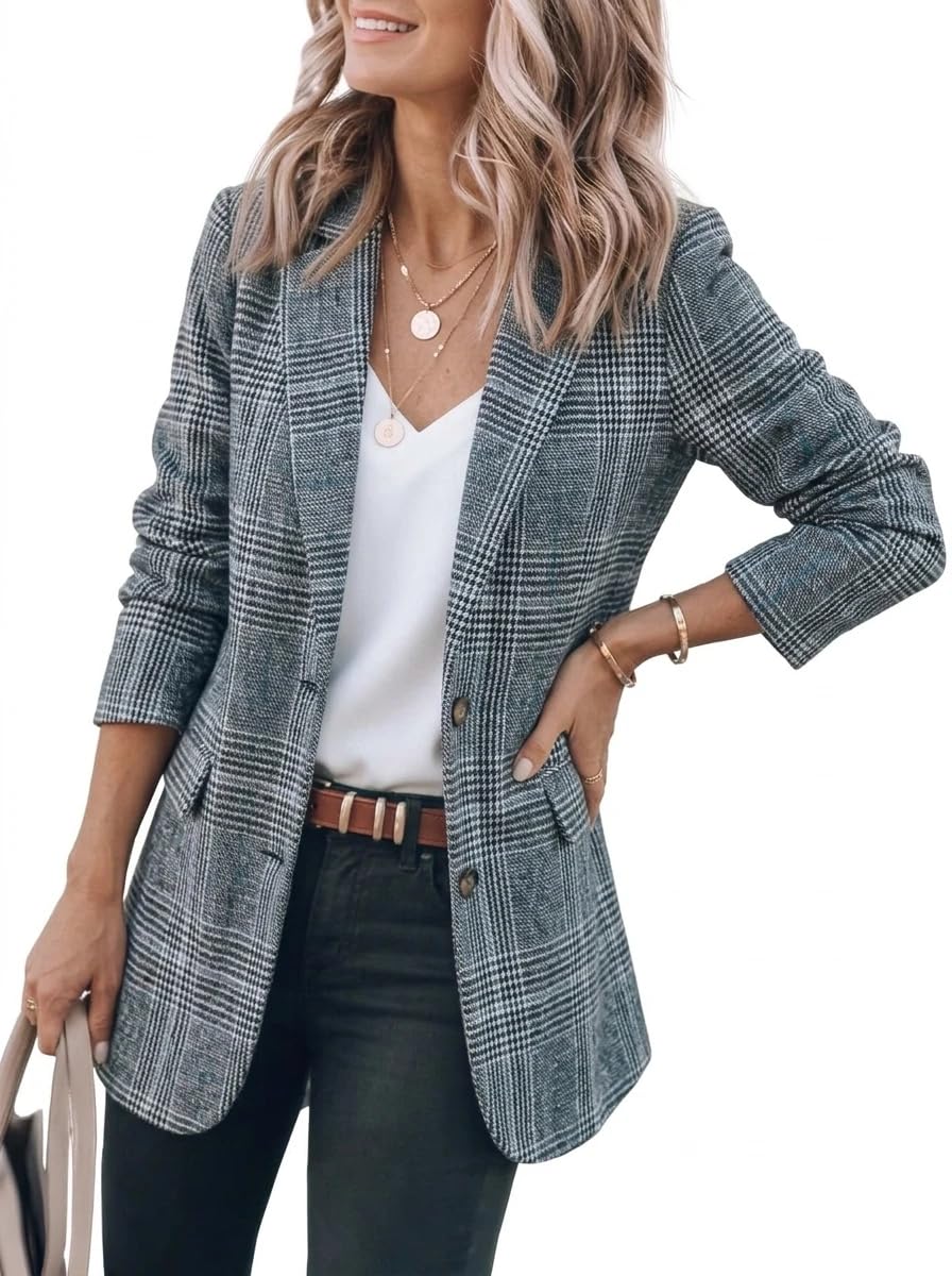 idealsanxun Womens Tweed Blazer Casual Plaid Houndstooth Blazer Work Suit Jackets-picture-11