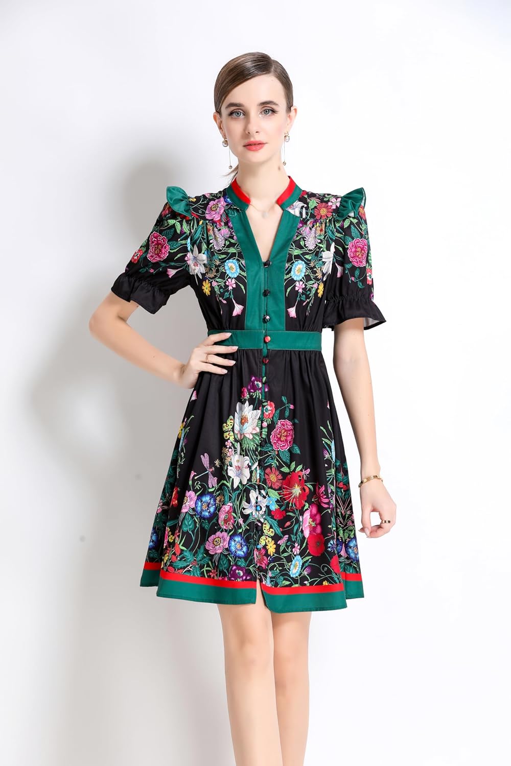 LAI MENG FIVE CATS Women's Button Up Short Puff Sleeve V-Neck Floral Print Split Casual Mini Dress - Image 2