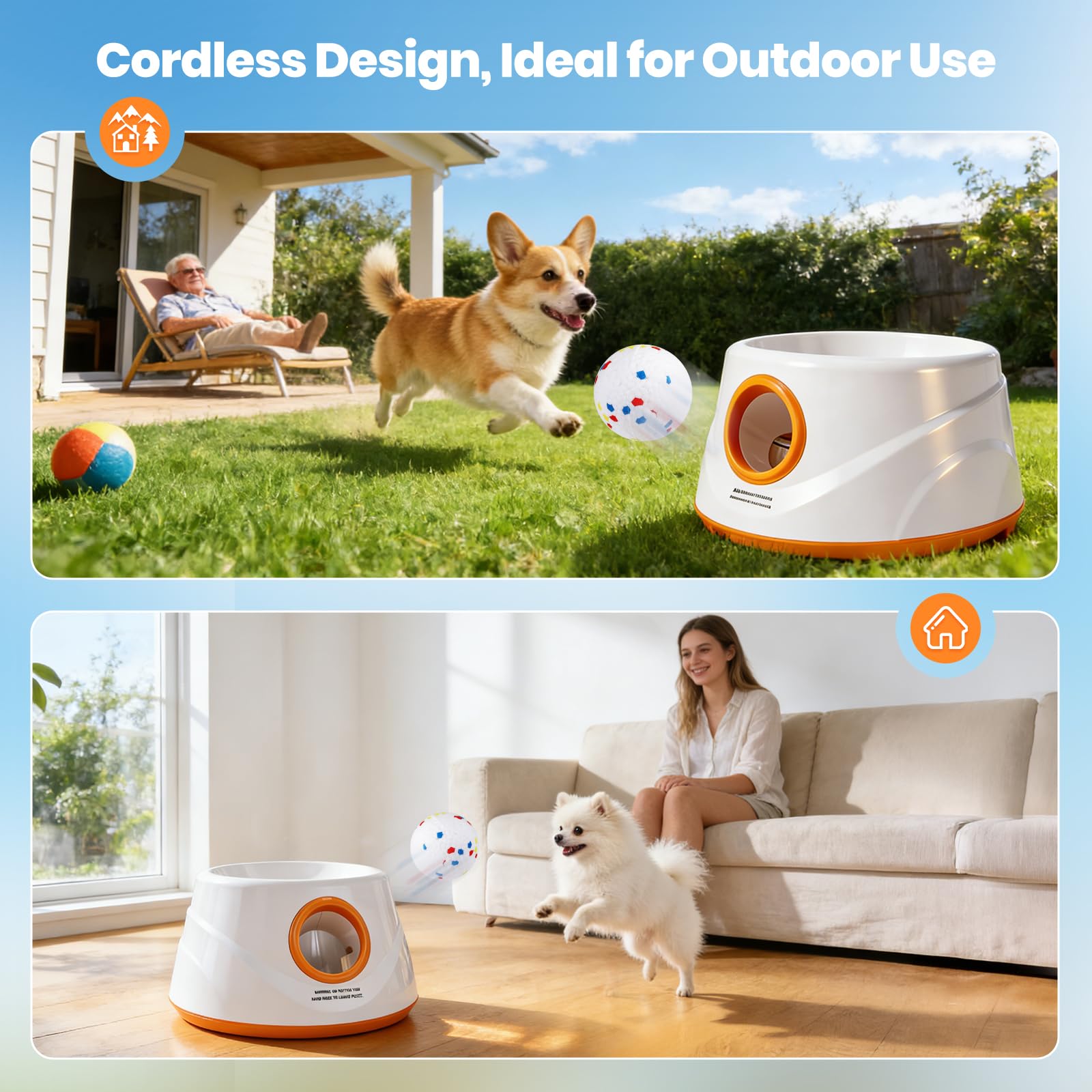 Lanceur balles automatique pour chien, Machine à lancer des balles avec 6 balles de tennis en E-TPU et 3 réglages de distance Jouet interactif pour chien (Distance de lancement : 6 à 14 mètres)