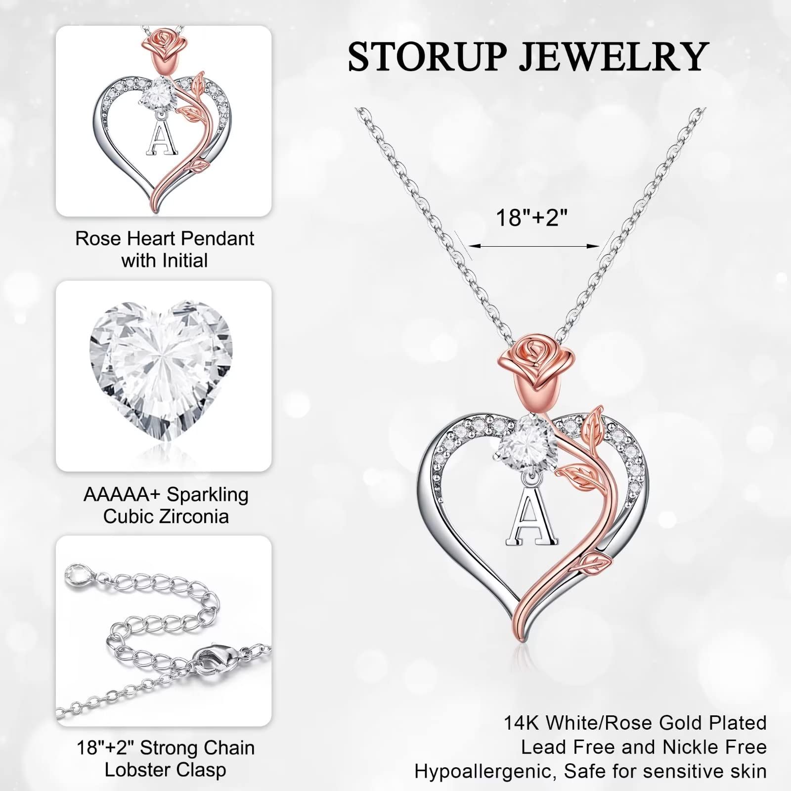 STORUP Christmas Gifts for Women Teen Girls - Rose Heart Initial Necklaces for Women Stocking Stuffers for Teen Girls Jewelry Birthday Christmas Gifts for Mom Wife Grandma Sister Daughter Her
