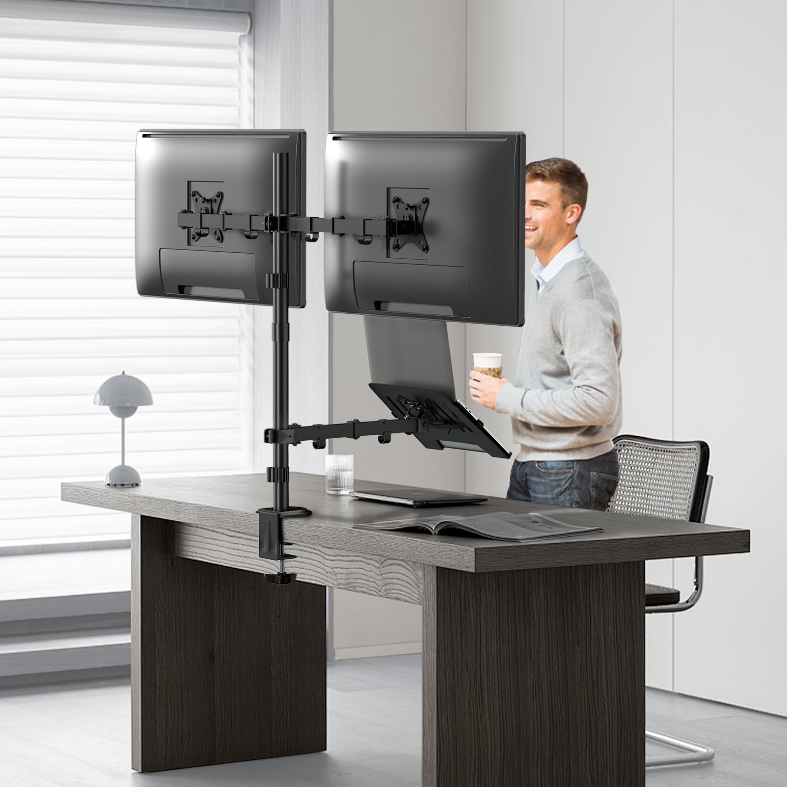 WORLDLIFT Dual Monitor Halterung mit Laptop Ständer für Two 17-32 Zoll LCD LED Bildschirm and 10-15 Zoll Laptop,Extra hoher Verstellbarer Ständer,Max 9kg pro Arm,Vesa 75x75/100x100mm,Schwarz