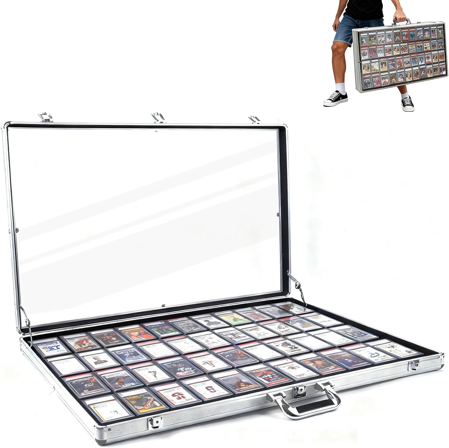 34" x 22" Large Lockable Card Display Case, Silver Aluminum Sports Card Display Case with Clear Acrylic Panel, Portable Collectible Showcase for Baseball, Pokemon & TCG Cards