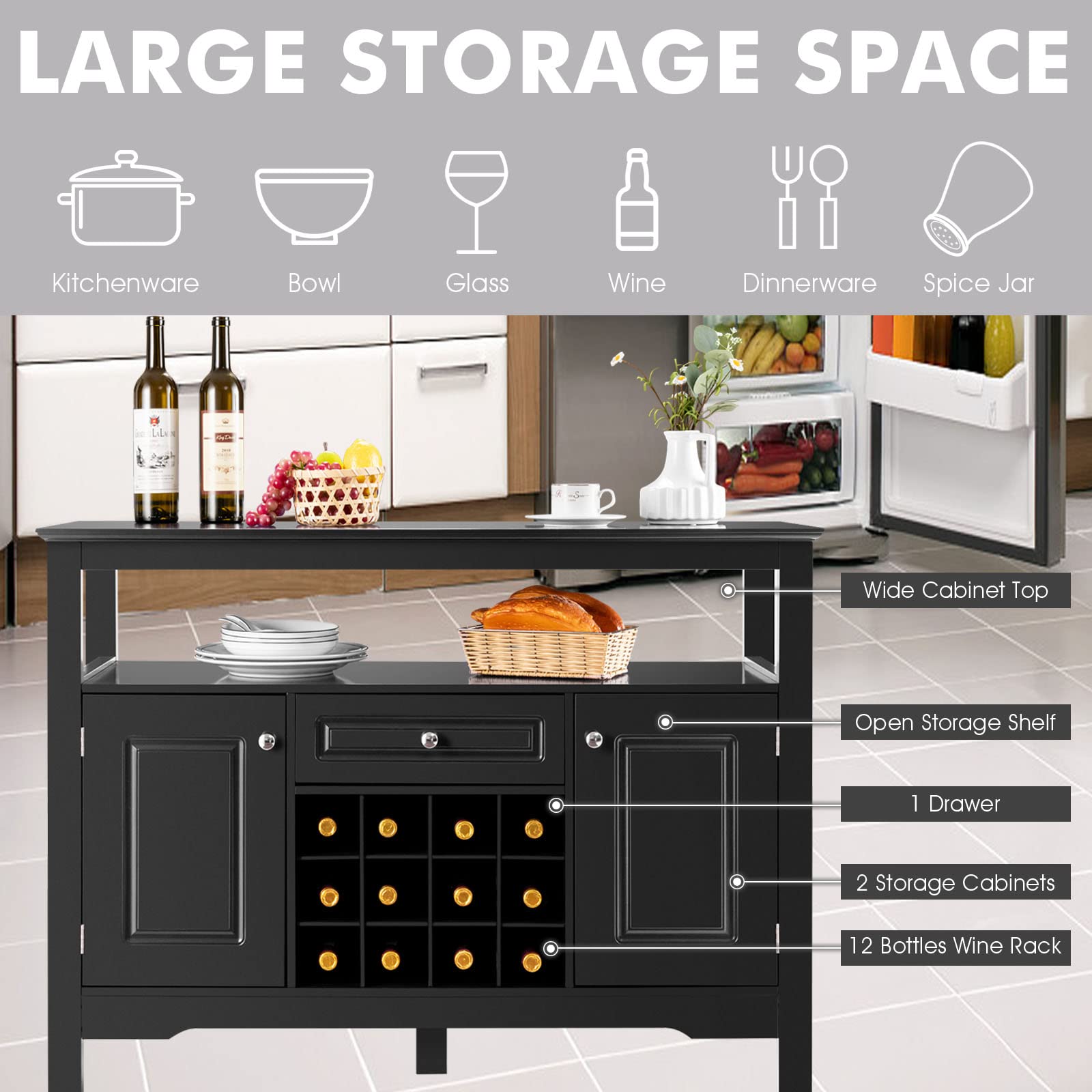 Buffet De Cuisine Avec éclairage Led Et Prises Avec 2 Grands Tiroirs Design Porte De Grange étagères Réglables Rustique Blanc