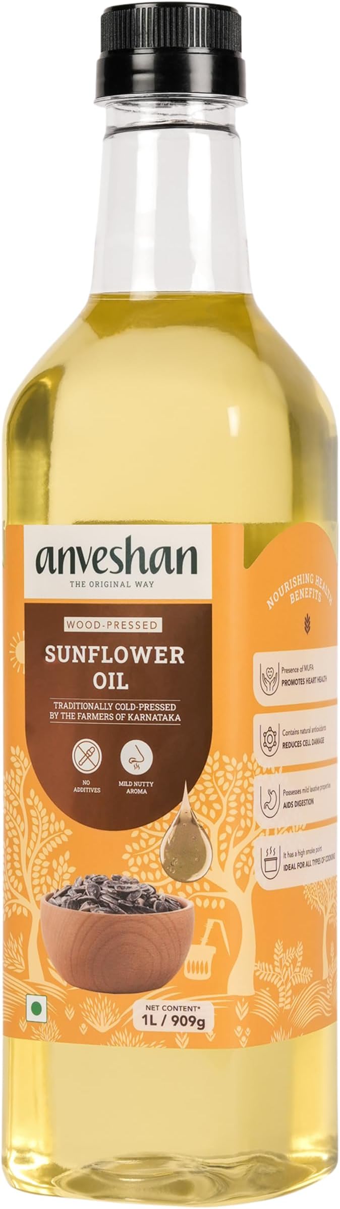 Anveshan Wood Pressed Sunflower Oil | Plastic Bottle | Kolhu/Chekku | Extracted on Wooden Churner | Natural | Cold Pressed Sunflower Oil for Cooking (33 Fl Oz PET Bottle)