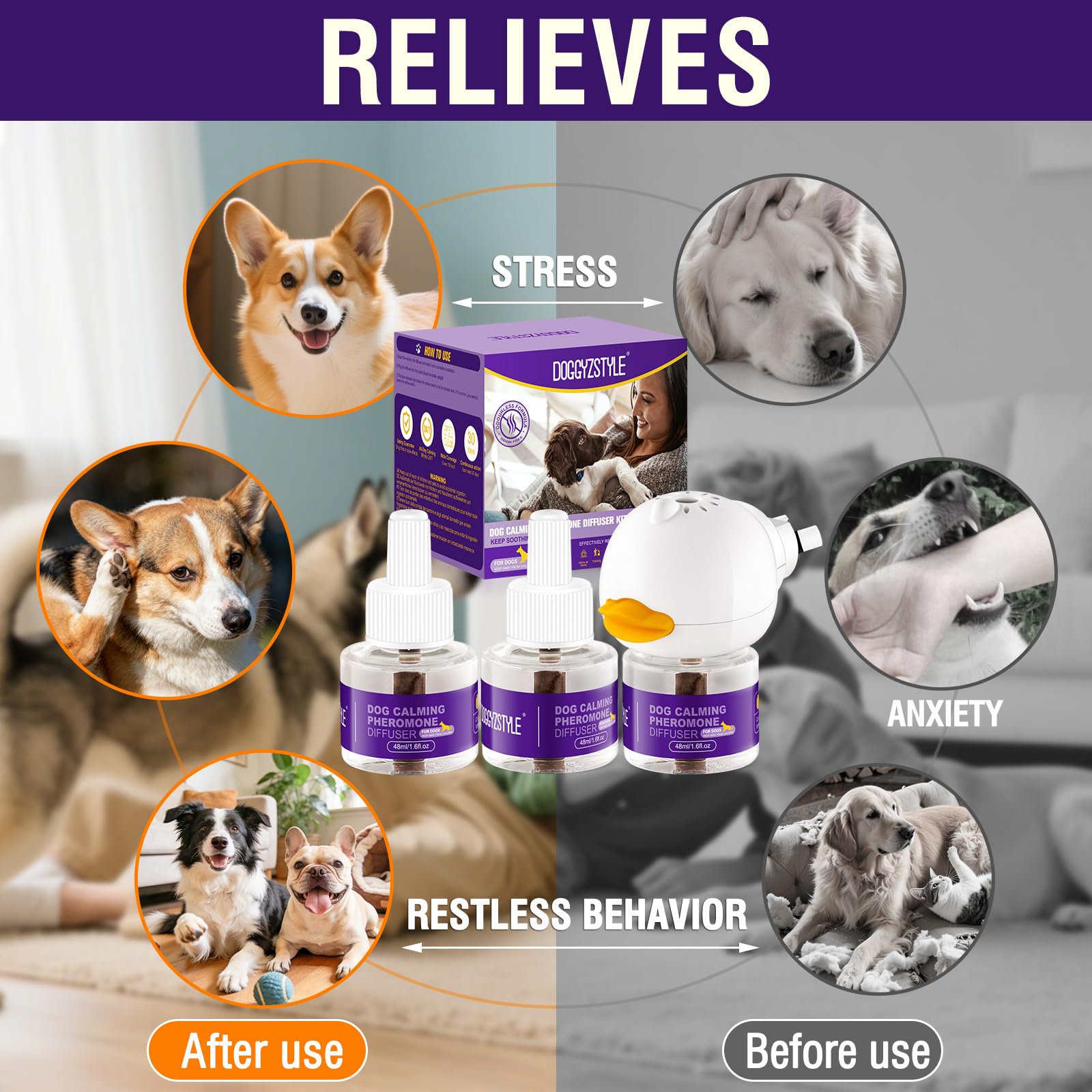 Diffuseur De Phéromones Apaisantes pour Chiens,Soulagement Naturel De L'Anxiété chez Les Chiens,Réduit Efficacement Le Stress Et L'Aboiement,Adapté À Toutes Les Races(3 Recharges+1 Diffuseur)