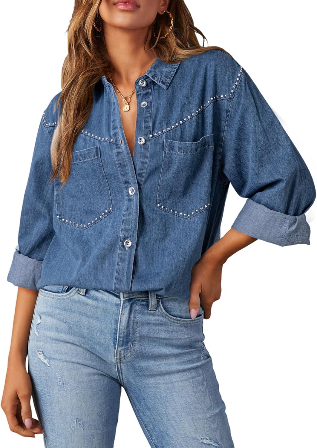 Women's Denim V Neck Shacket Top