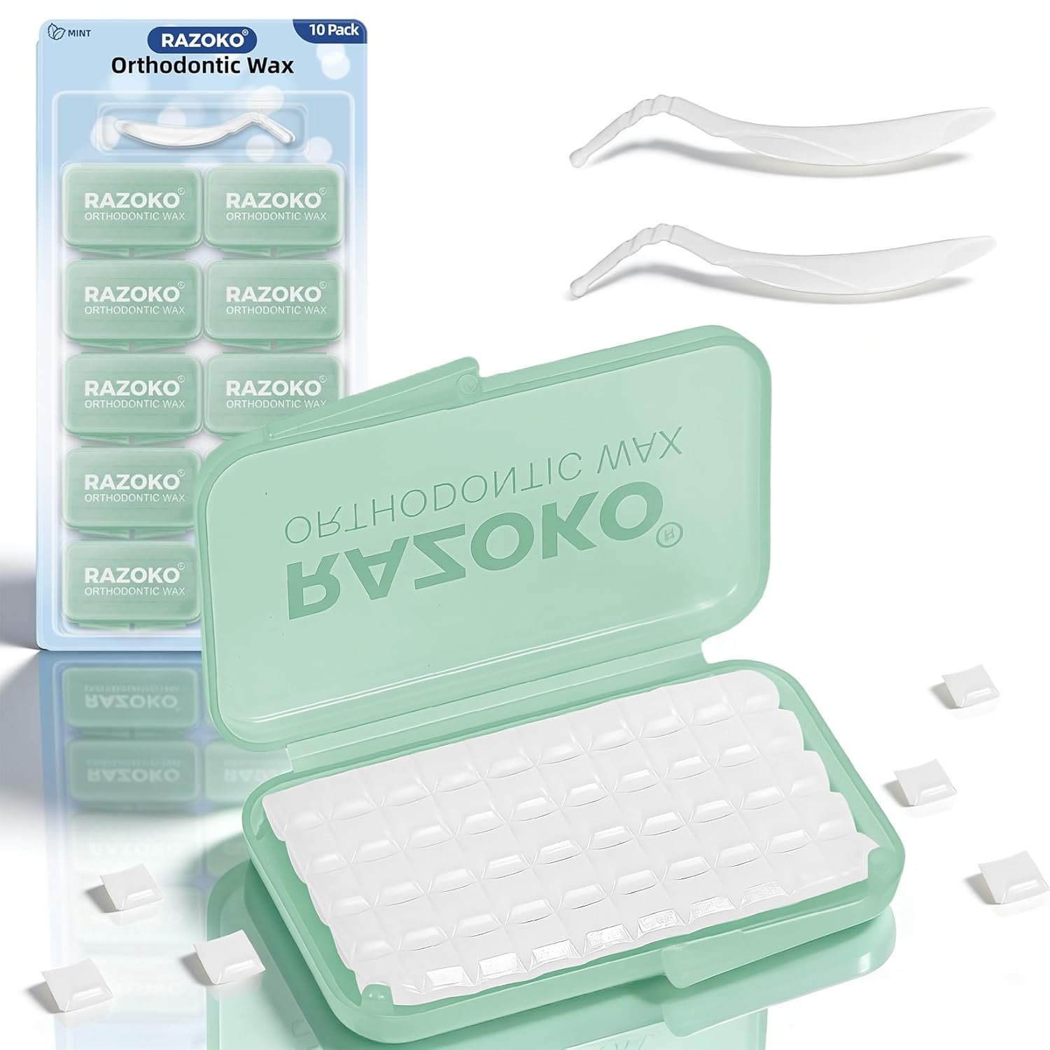 RAZOKO Orthodontic Wax for Braces–Pre-sectioned Dental Wax Square with Strong Adhesion,500 Counnt Food Grade Comfort Protection Safe for Kids & Adults,Portable Travel Case,Mint