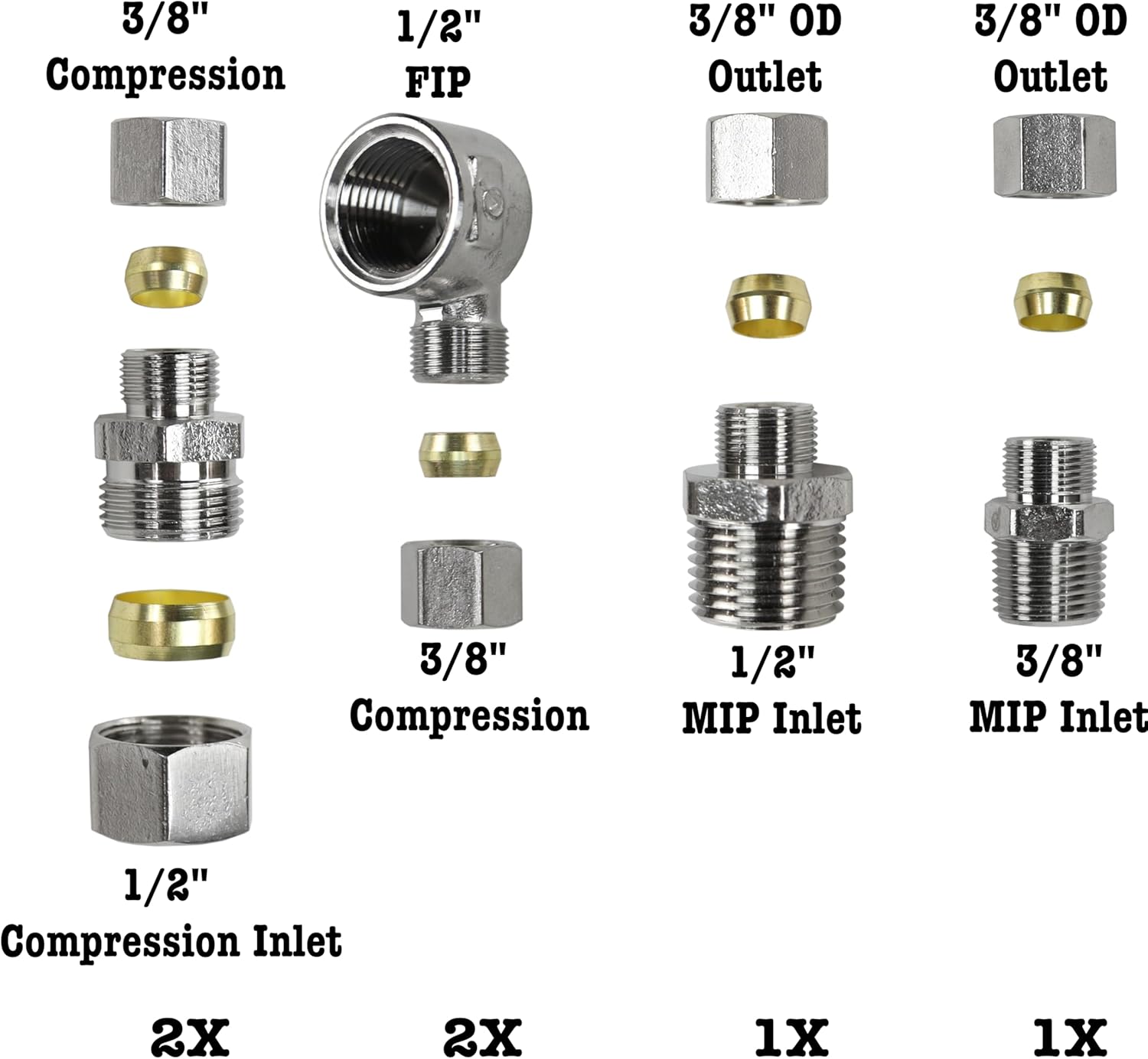 Harrier Hardware 6 Sets Universal Valve Plumbing Fittings Adapters: 1/2-to-3/8 Adapter, 3/8-to-1/2 Water Line Adapter, 3/8-Female-to-1/2-Male-Adapter, Straight & Angled Connectors