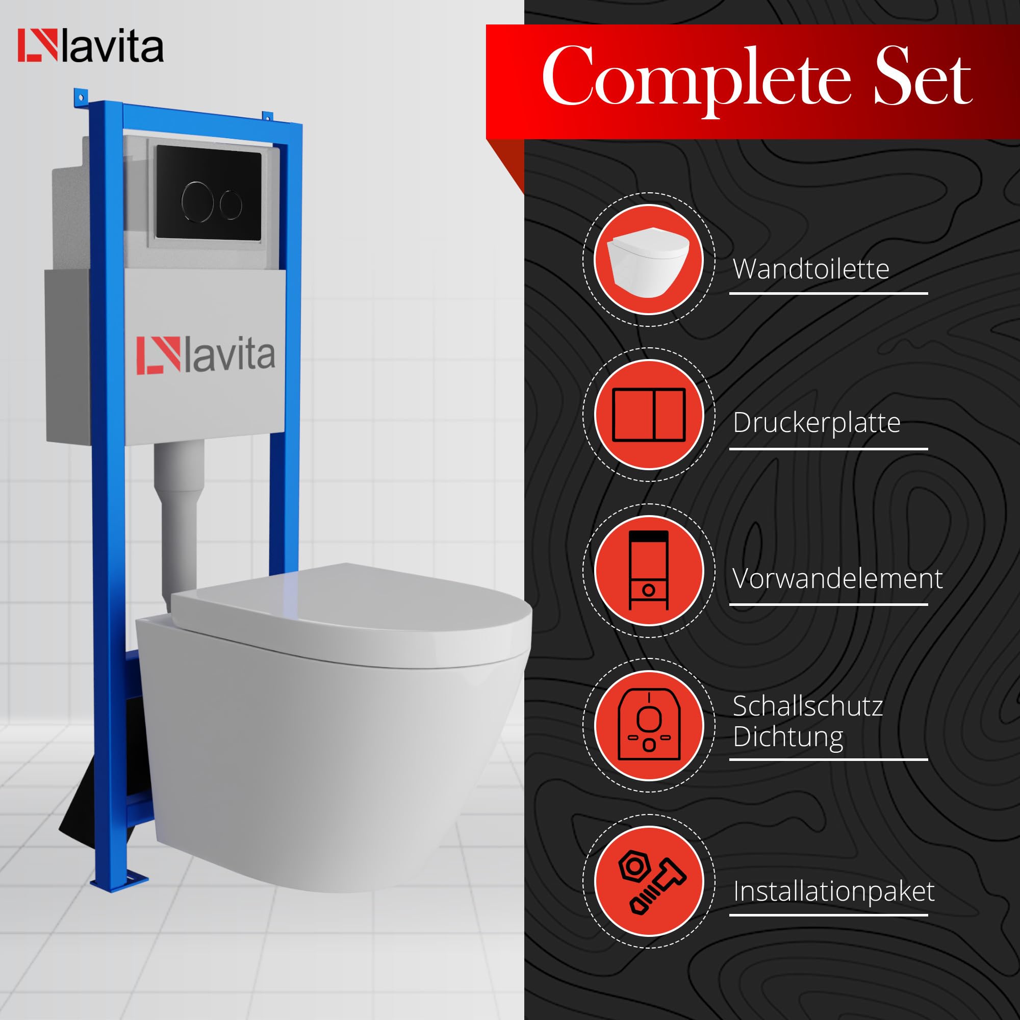 Lavita LAV 101 Vorwandelement für WC 40cm + Wand Hänge Tiefspül WC SOGO Weiß Spülrandlos + Bedienplatte LAV 200.4.4 Schwarz + WC Sitz mit Absenkautomatik Komplettset Unterputz Spülkasten WC
