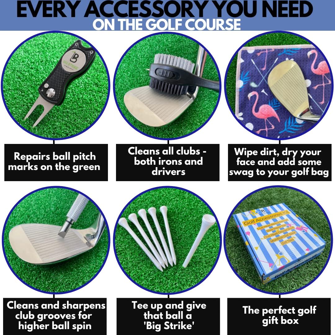 Big Strike Golf Accessories Kit - Red Microfiber Golf Towel, Divot Repair Tool, Club Head Brush Cleaner, Groove Sharpener, Tees & Luxury Gift Box - Christmas Golf Gift image 3