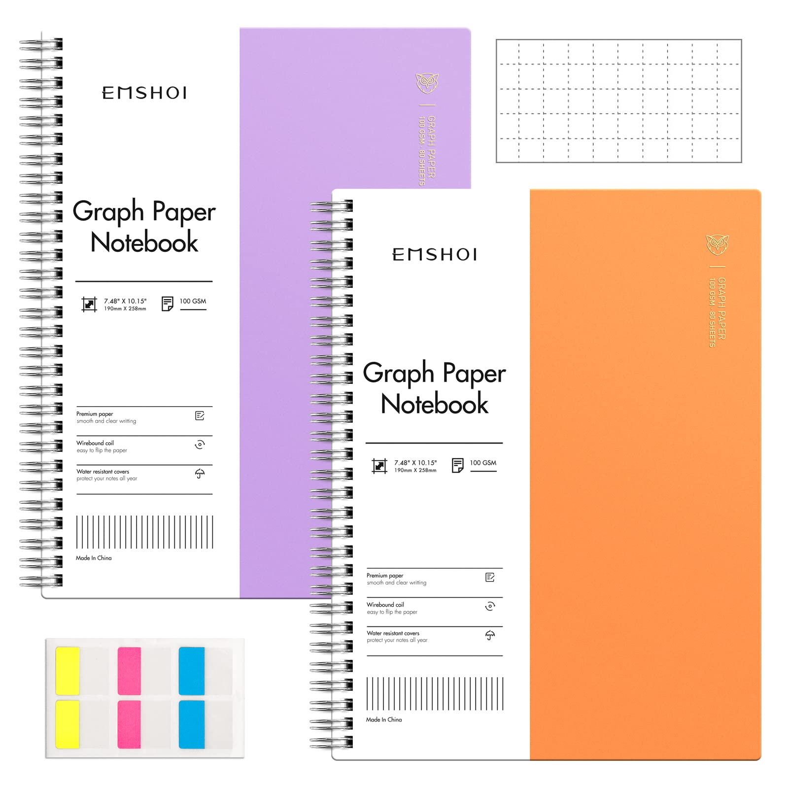 EMSHOI Notebook, 2 Pack B5 Large 160p 100gsm Graph Grid Journal with Sticky Notes, Plastic Hardcover, Purple, Orange