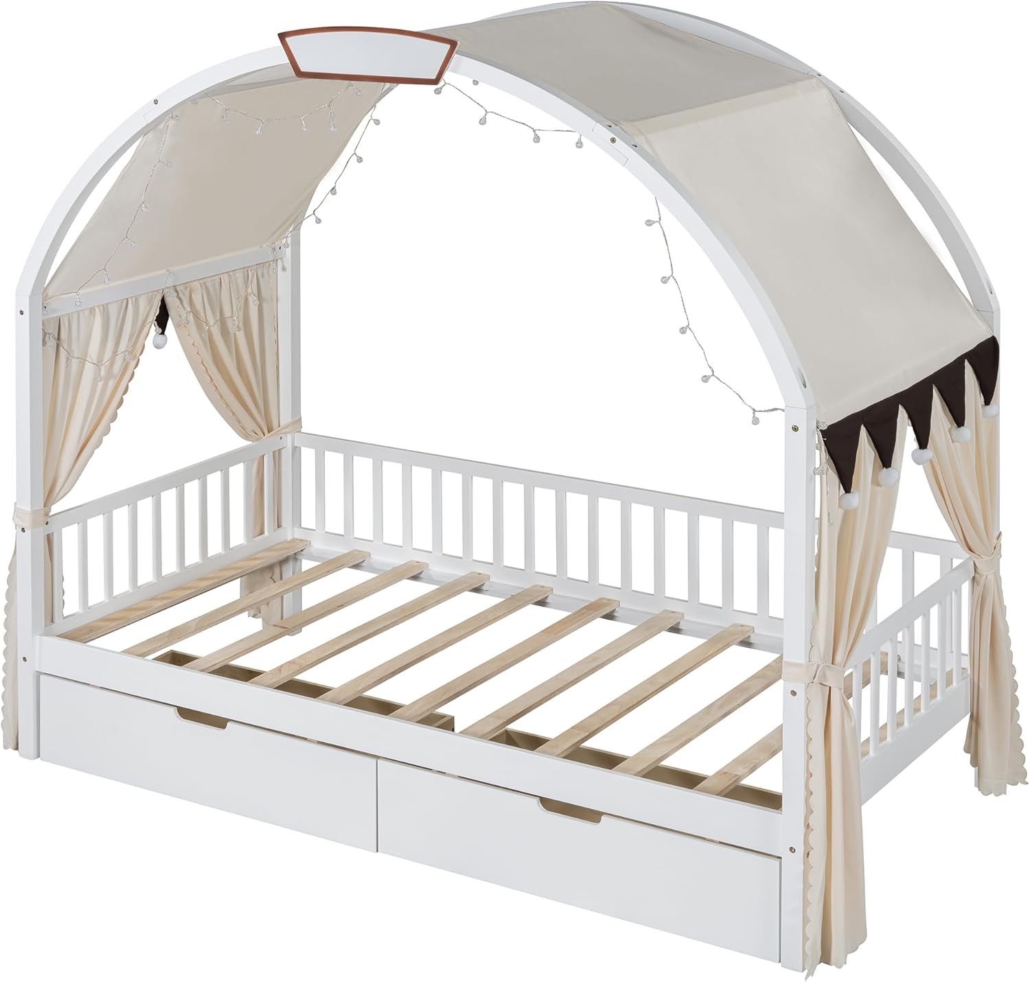 Anwick Twin Size House Bed with 2 Storage Drawers, Canopy Bed Frame with Lights Strip, Wood Montessori Floor Bed for Kids (White)