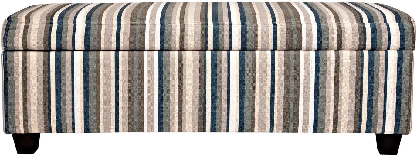 Striped Vintage Deep Blue Stripe Storage Bench Ottoman - Blue Green Grey Ivory Khaki Tan - Use This Storage Ottoman Bench As an End of Bed Storage Bench or Entryway Storage Bench - This Long Storage Bench Is Upholstered, Padded, and Multipurpose!