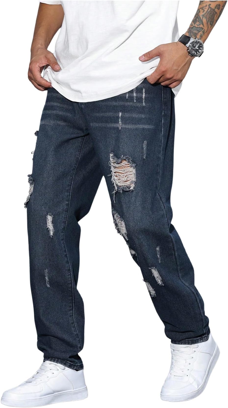 Verdusa Men's Vintage Distressed Ripped Jeans Straight Leg Denim Pants with Pockets