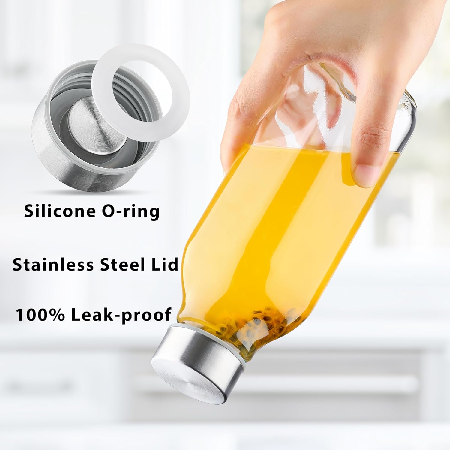 Danmu Glass Juice Bottles with Lids 14 oz,Juicing Bottles Reusable Glass 100% Leakproof for Juicing,Water,Kombucha,Milk,Milkshake,Coffee,6 Pack,Dishwasher Safe - Image 2