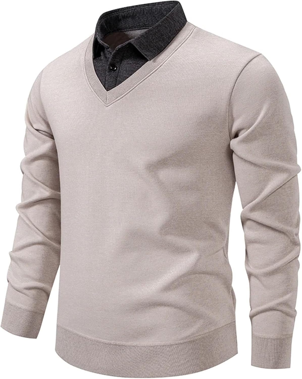 Men's Winter Fake Two-Piece Knitted Pullovers Fashion Slim Fit Turn Down Collar Knit Sweater Fleece Warm Jackets