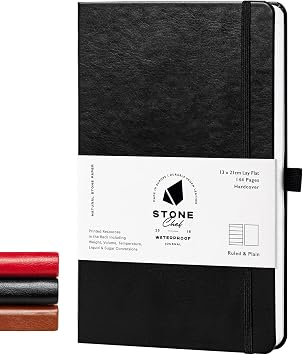 Stone Journal Chef Notebook 13 21 cm Waterproof Paper, 144 Pages, Half Lined & Half Blank, Vegan Leather Hardcover, Kitchen Conversions, Premium Journal Black