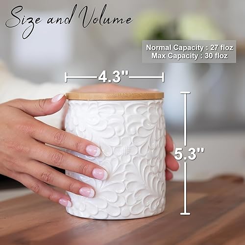 Miniatura 5 de Recipiente de cocina de cerámica grabado, tarros de almacenamiento con tapas herméticas hechos de bambú con grabado inspirado en la naturaleza, uso