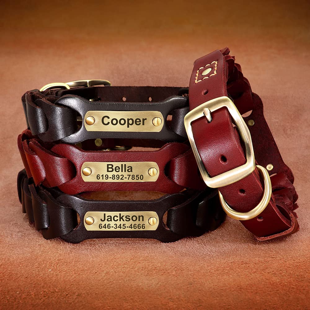 Collare per Cani in Vera Pelle Collari in Pelle per Animali Domestici Personalizzati con targhetta identificativa Targhetta Anti-smarrimento Regolabile per Cani di Taglia Piccola e Media