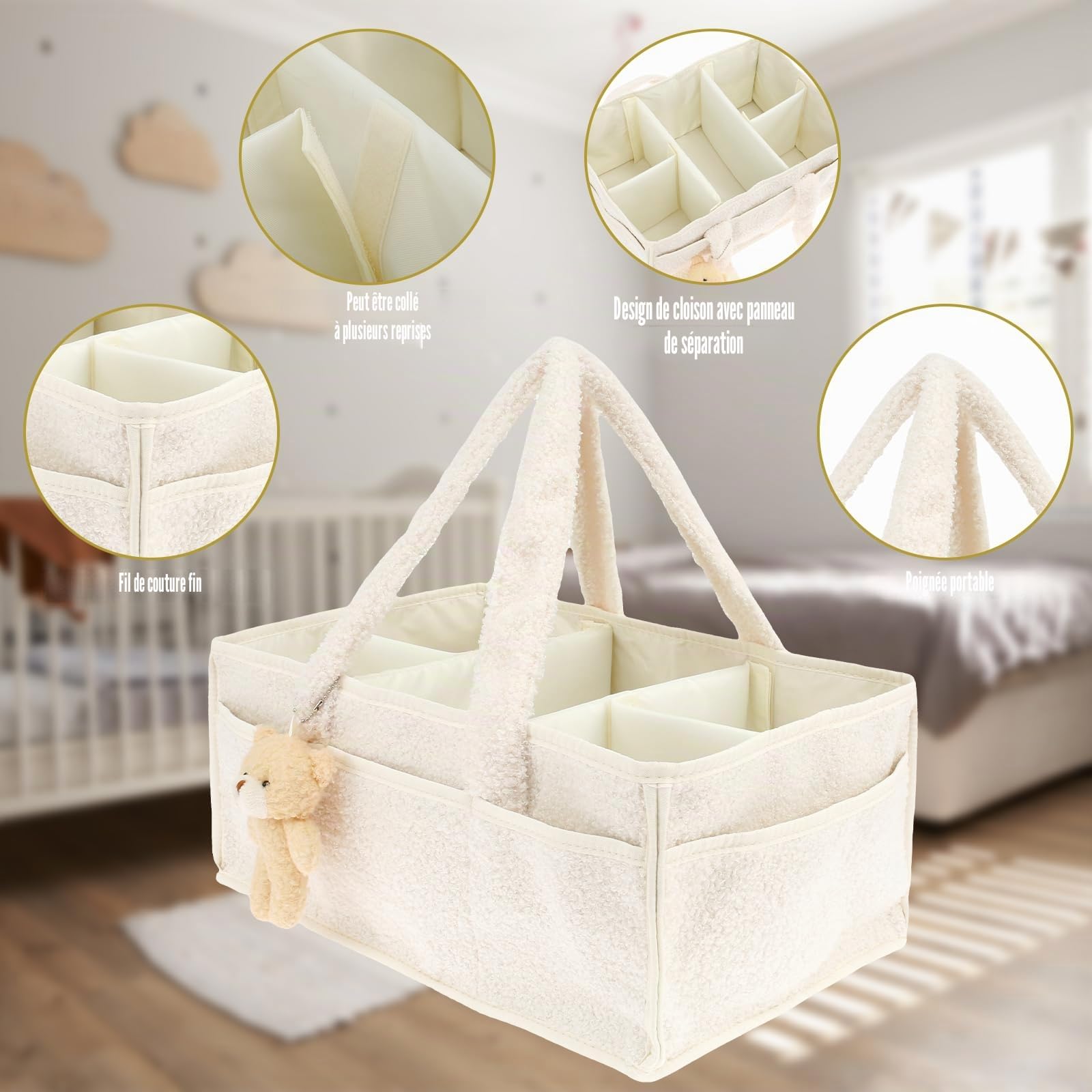 Organiseur de couches pour bébé avec séparateurs amovibles - Panier de rangement portable en feutre pour chambre d'enfant - Sac à lingettes pour tout-petits - Cadeaux essentiels pour