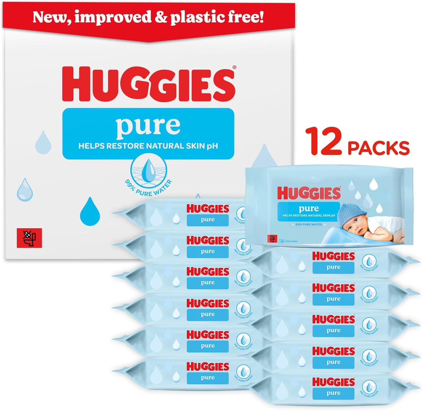 Huggies Pure Plastic-Free Baby Wipes - 12 Pack (576 Wipes)