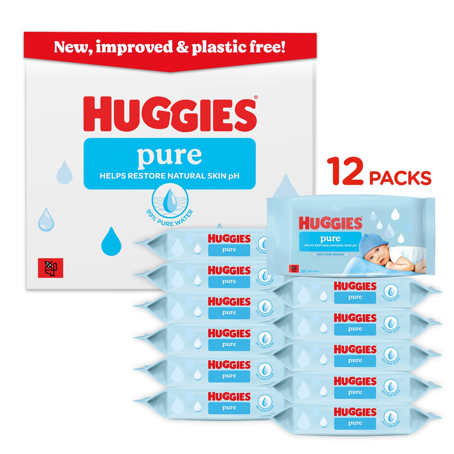 Huggies Pure Plastic Free Baby Wipes – 99% Water Wet Wipes, Fragrance Free, Hypoallergenic, better cleaning, soft and gentle on babies' delicate skin – Pack of 12 (576 Wipes)