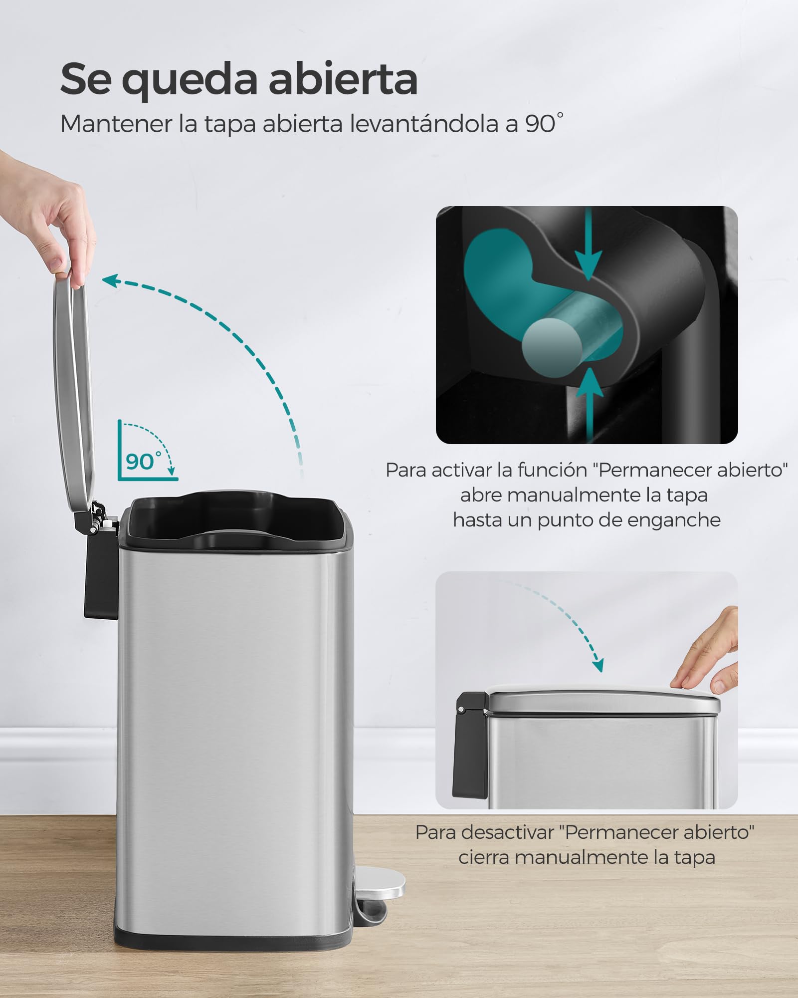 SONGMICS Papelera de Cocina, Cubo de Pedal de 20 L, Cubo de Basura, Tapa de Cierre Suave, Permanece Abierta, Cubo Interior, Incluye 15 Bolsas de Basura, Plata Metálico LTB543E01