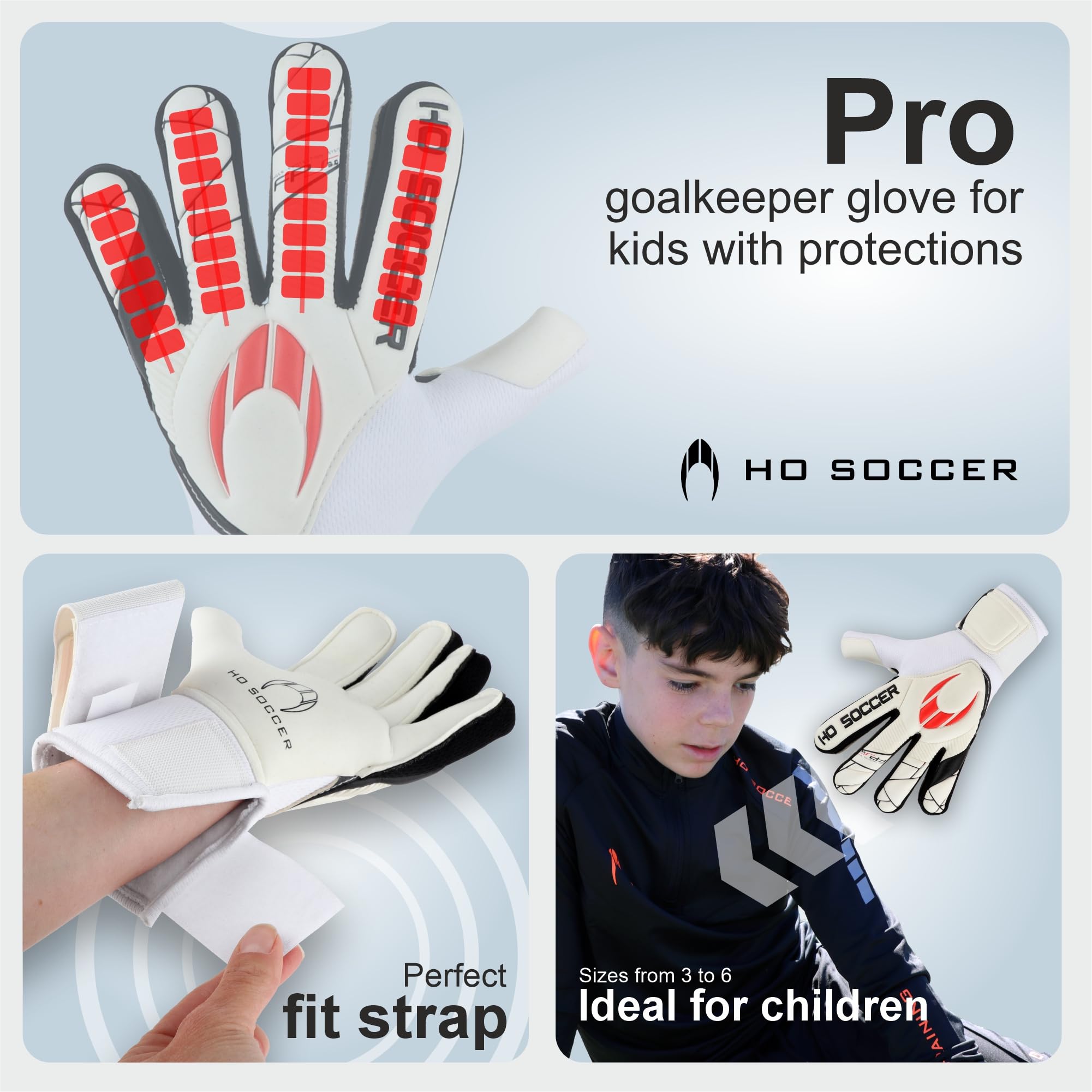 HO Soccer SHAGAN Flat Protek Kid Pro - con protección para los Dedos - Guantes de Portero, Unisex Niño, Blanco/Rojo.